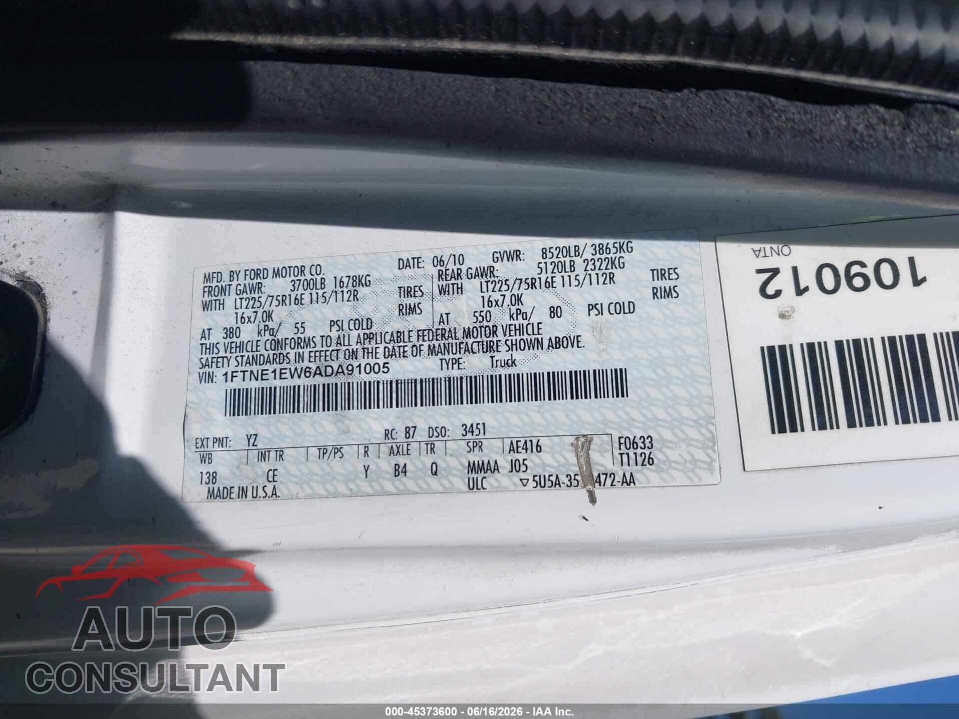 FORD E-150 2010 - 1FTNE1EW6ADA91005