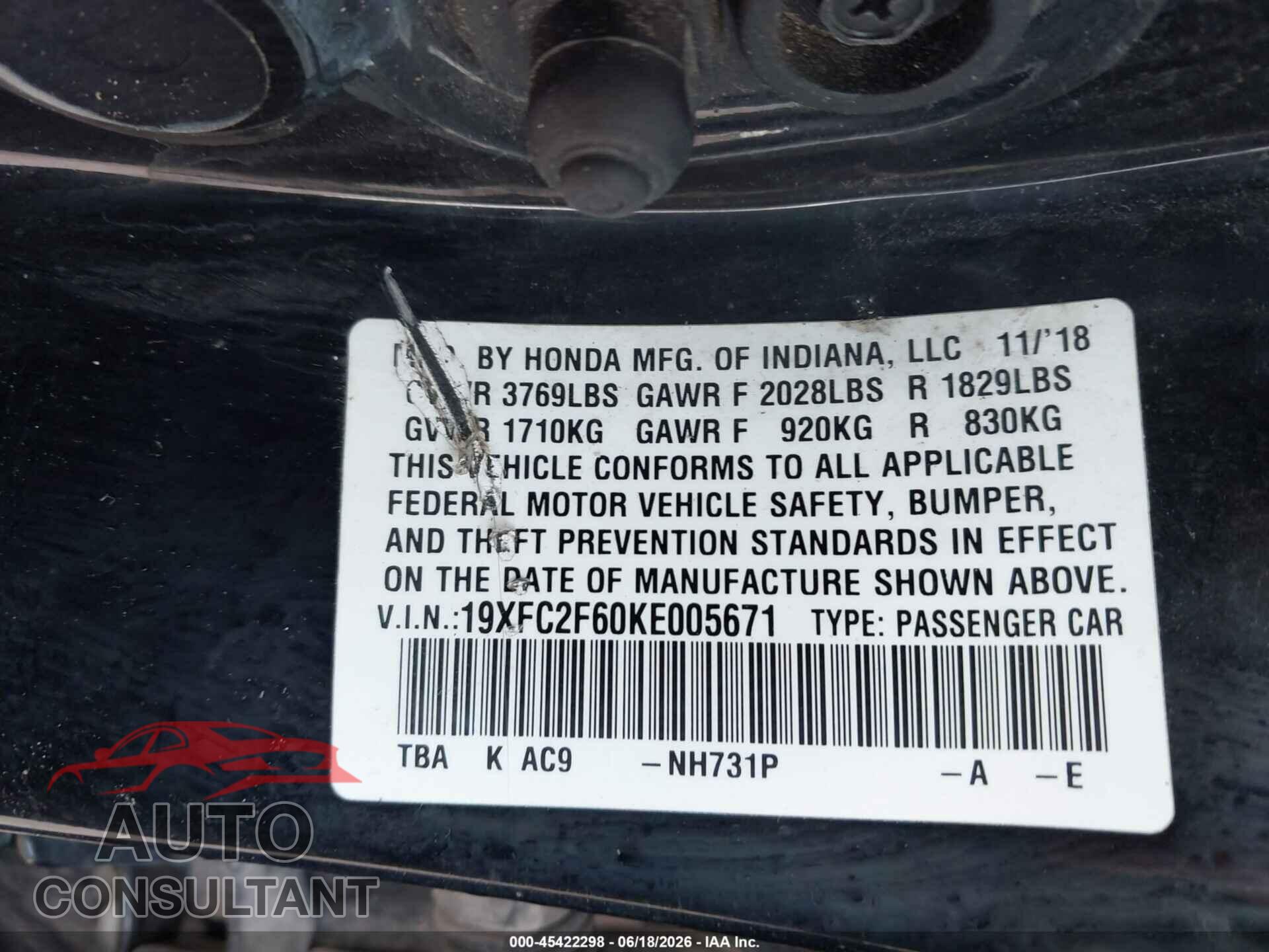 HONDA CIVIC 2019 - 19XFC2F60KE005671