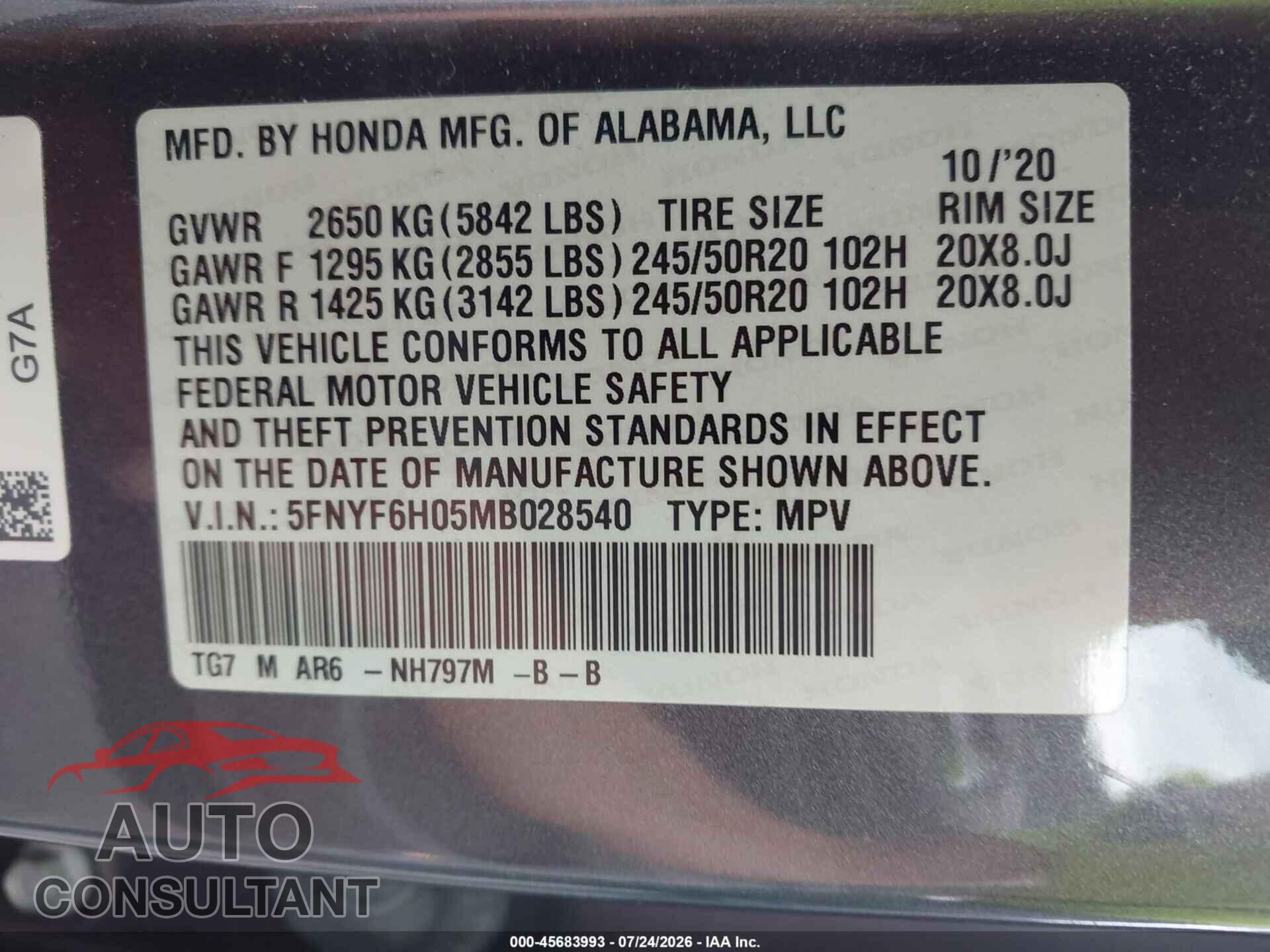 HONDA PILOT 2021 - 5FNYF6H05MB028540