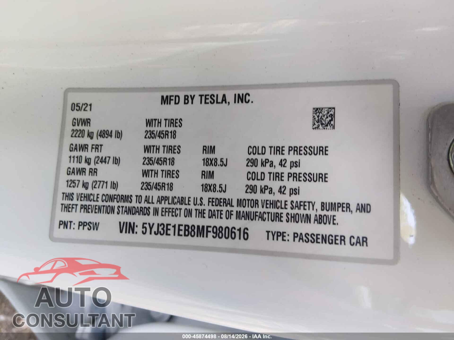 TESLA MODEL 3 2021 - 5YJ3E1EB8MF980616