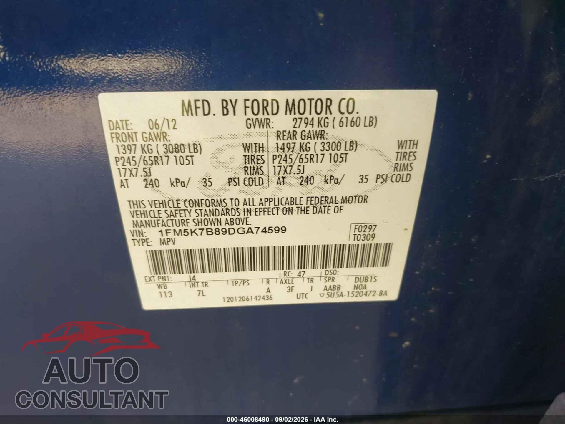 FORD EXPLORER 2013 - 1FM5K7B89DGA74599