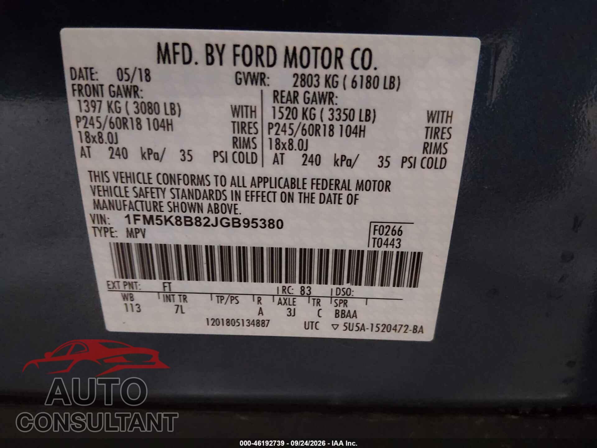 FORD EXPLORER 2018 - 1FM5K8B82JGB95380