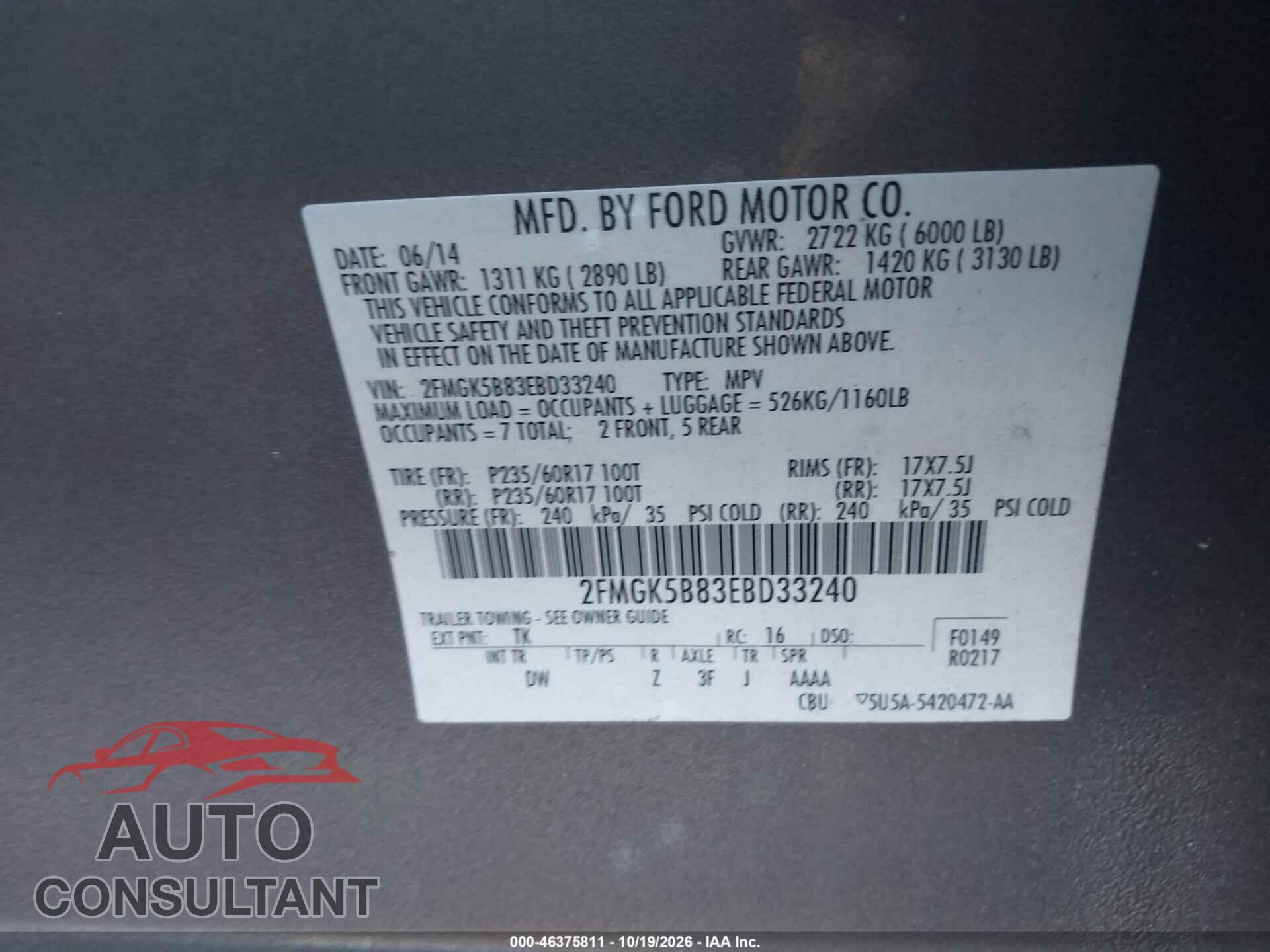 FORD FLEX 2014 - 2FMGK5B83EBD33240