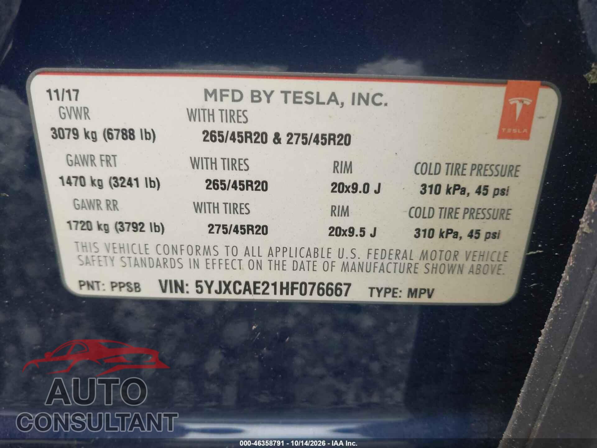 TESLA MODEL X 2017 - 5YJXCAE21HF076667