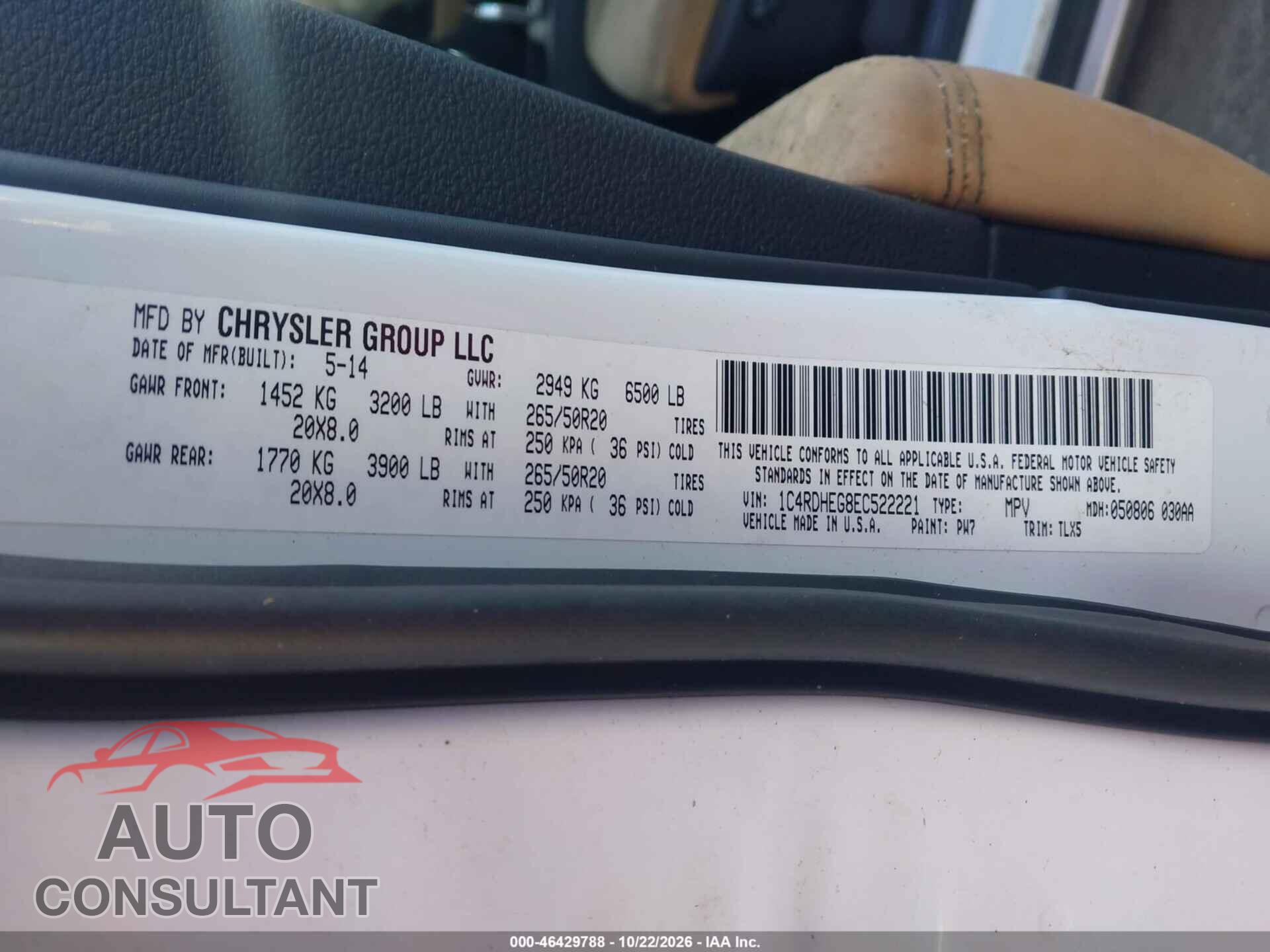 DODGE DURANGO 2014 - 1C4RDHEG8EC522221