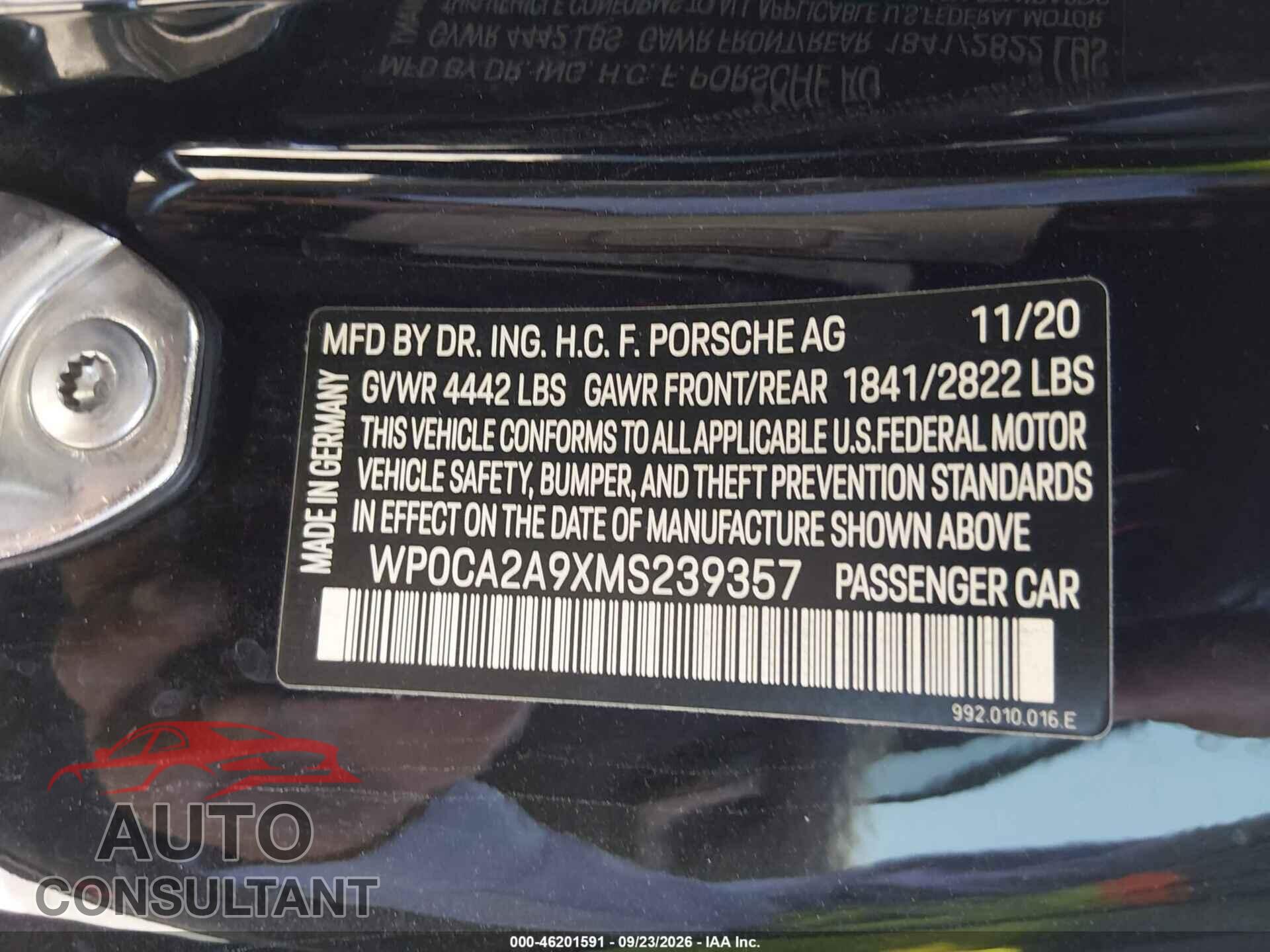 PORSCHE 911 2021 - WP0CA2A9XMS239357