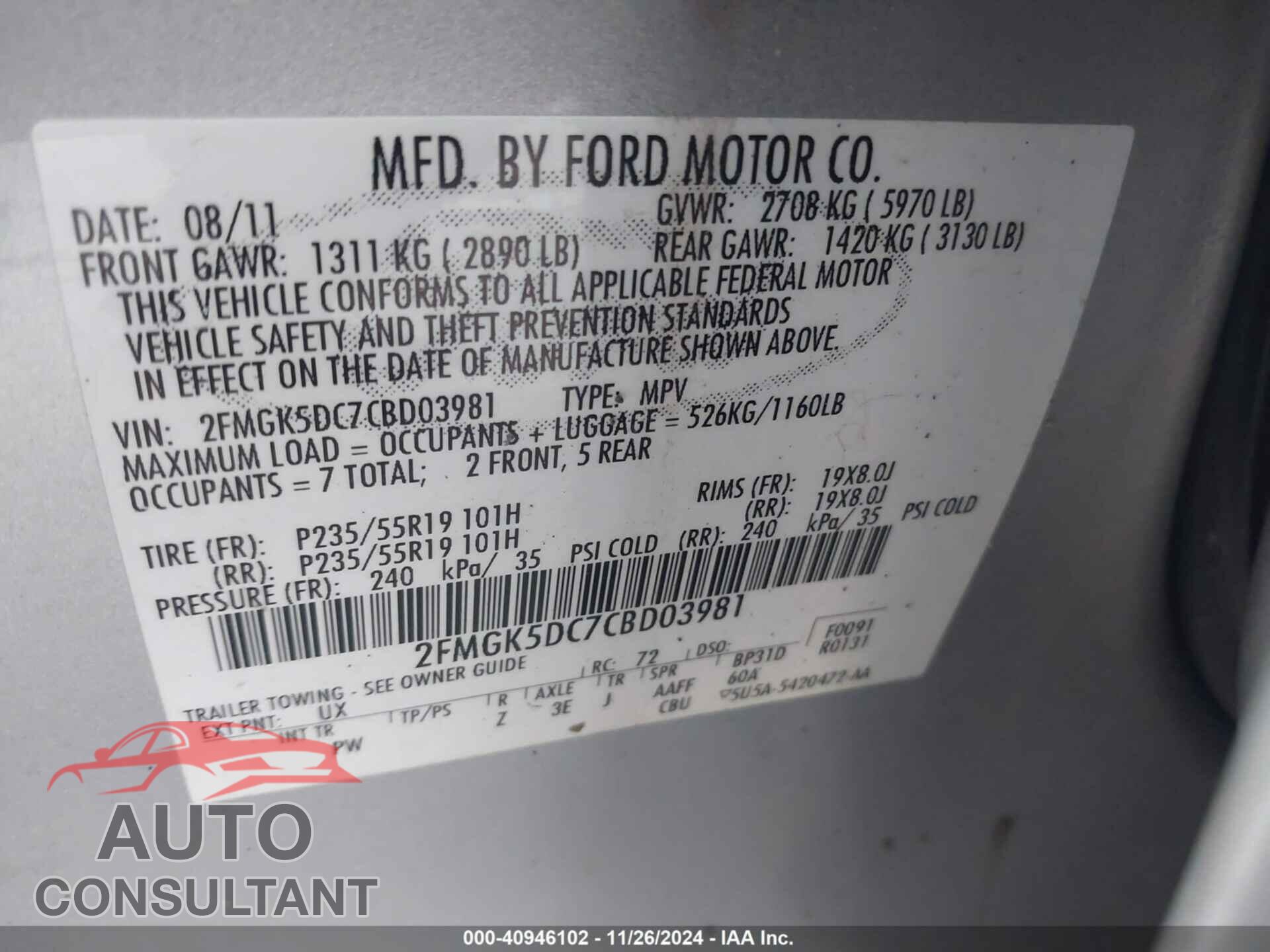 FORD FLEX 2012 - 2FMGK5DC7CBD03981