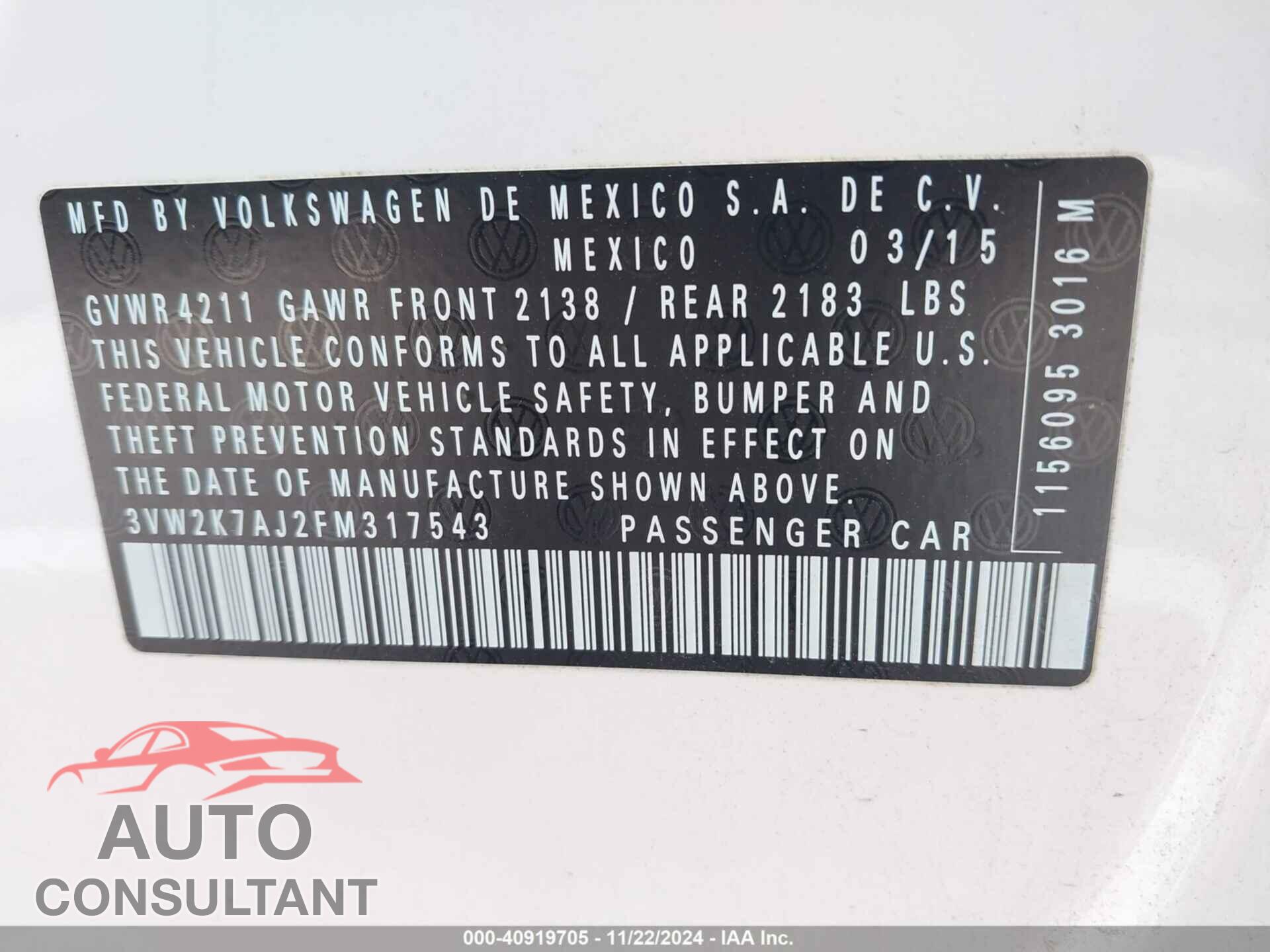 VOLKSWAGEN JETTA 2015 - 3VW2K7AJ2FM317543