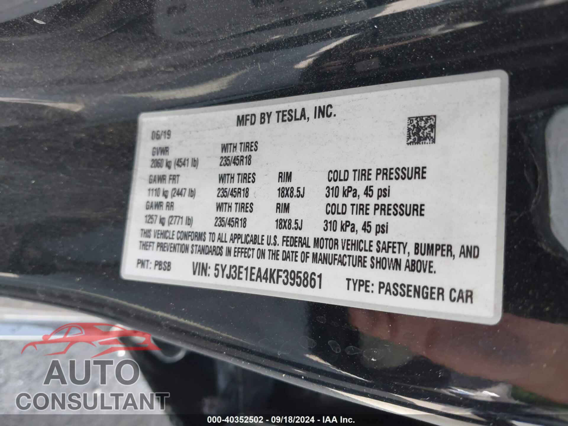 TESLA MODEL 3 2019 - 5YJ3E1EA4KF395861