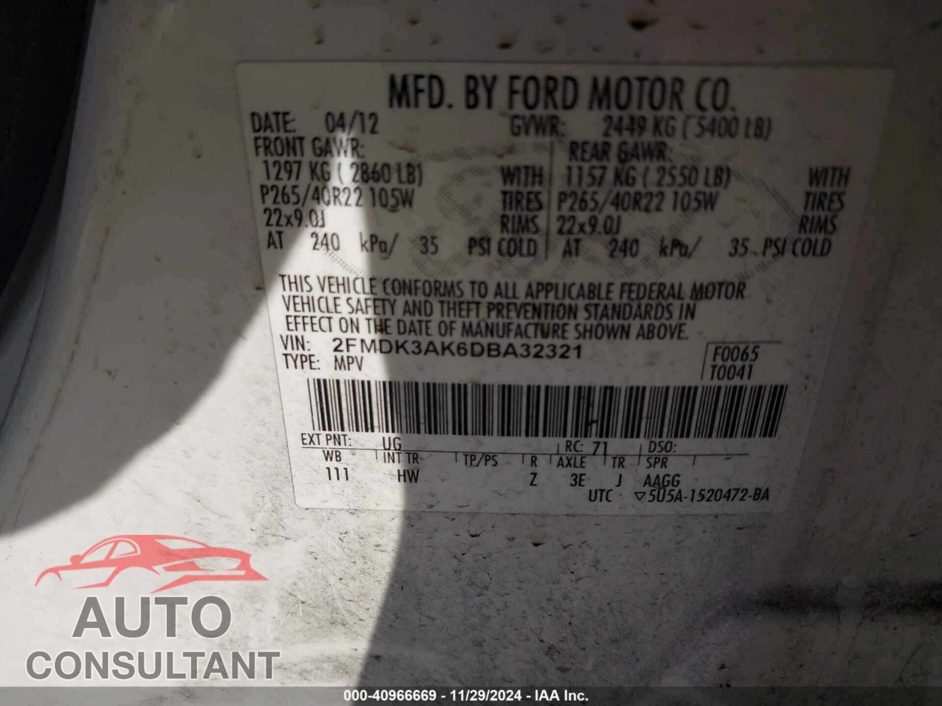 FORD EDGE 2013 - 2FMDK3AK6DBA32321