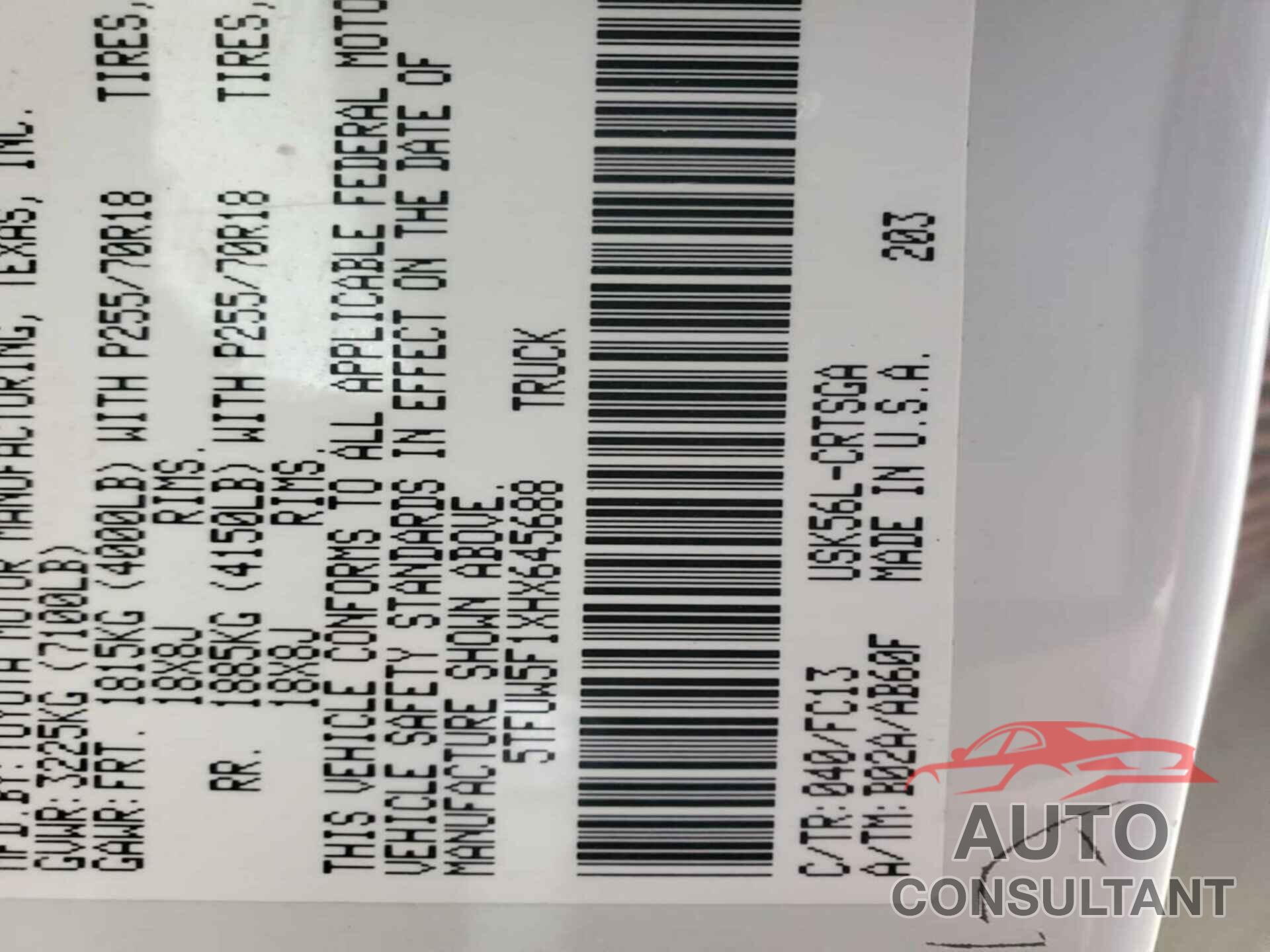 TOYOTA TUNDRA 2017 - 5TFUW5F1XHX645688