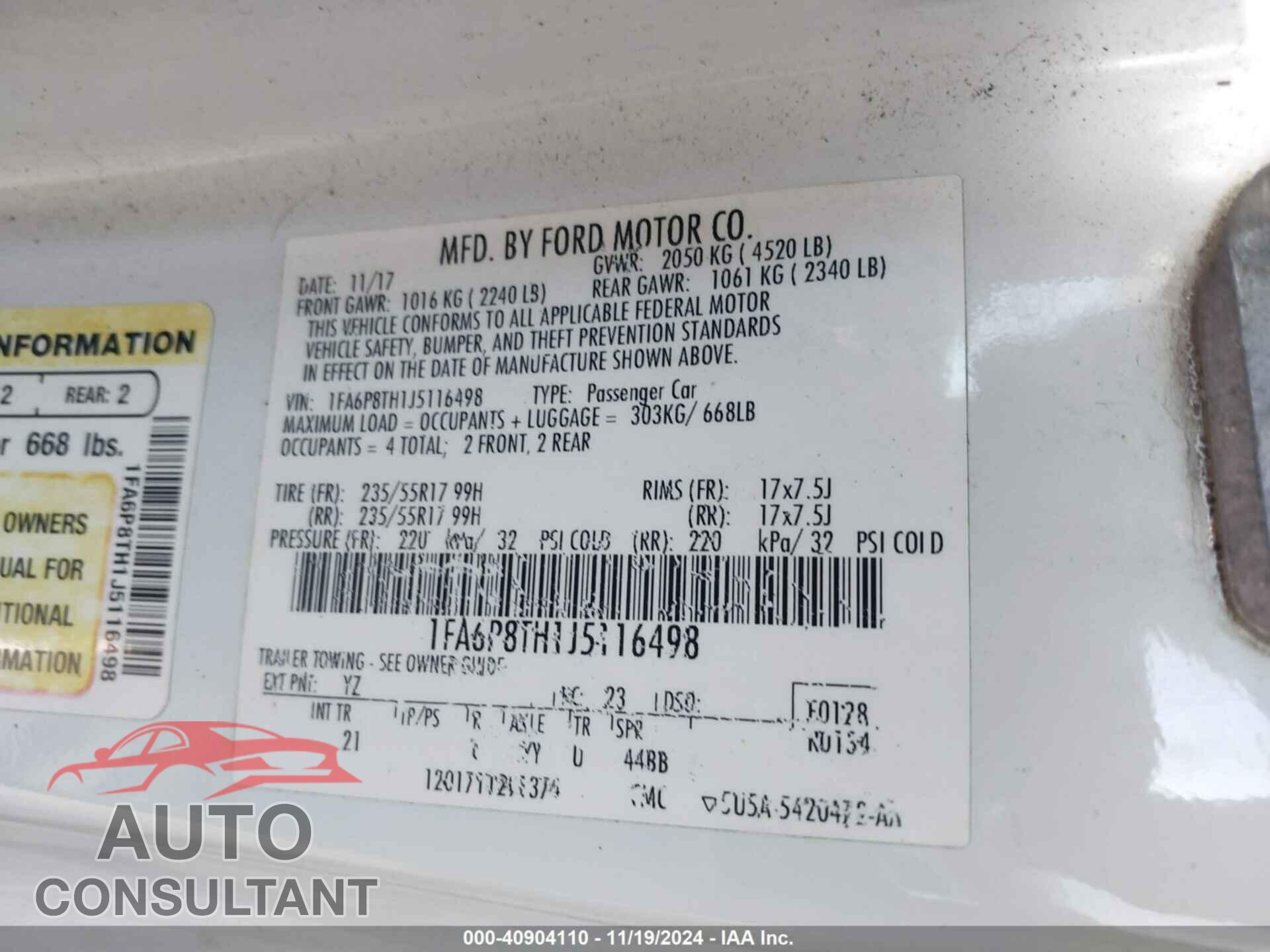 FORD MUSTANG 2018 - 1FA6P8TH1J5116498