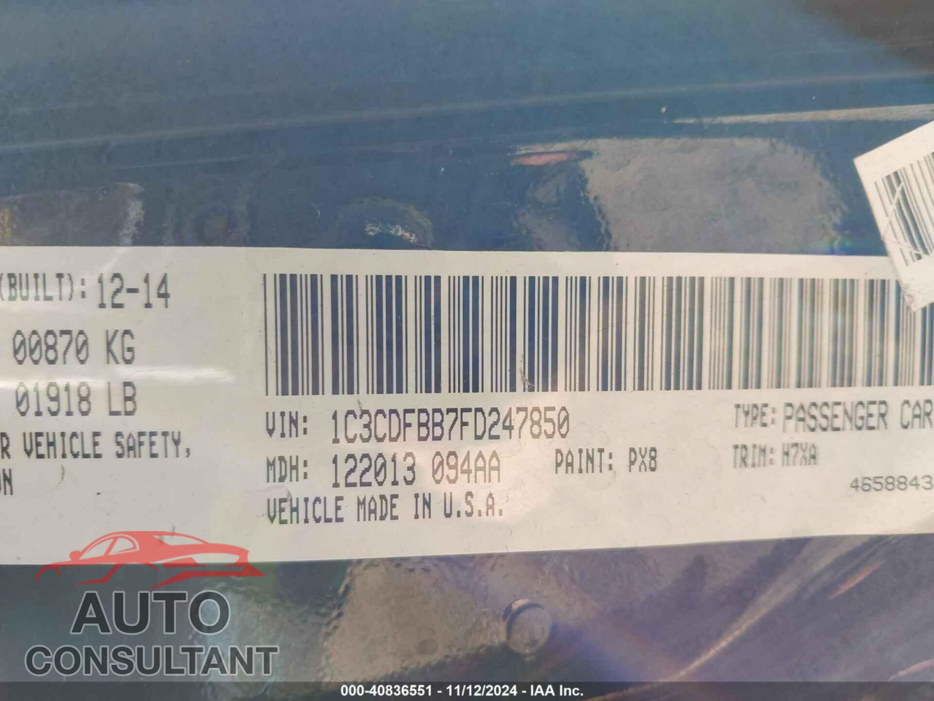 DODGE DART 2015 - 1C3CDFBB7FD247850