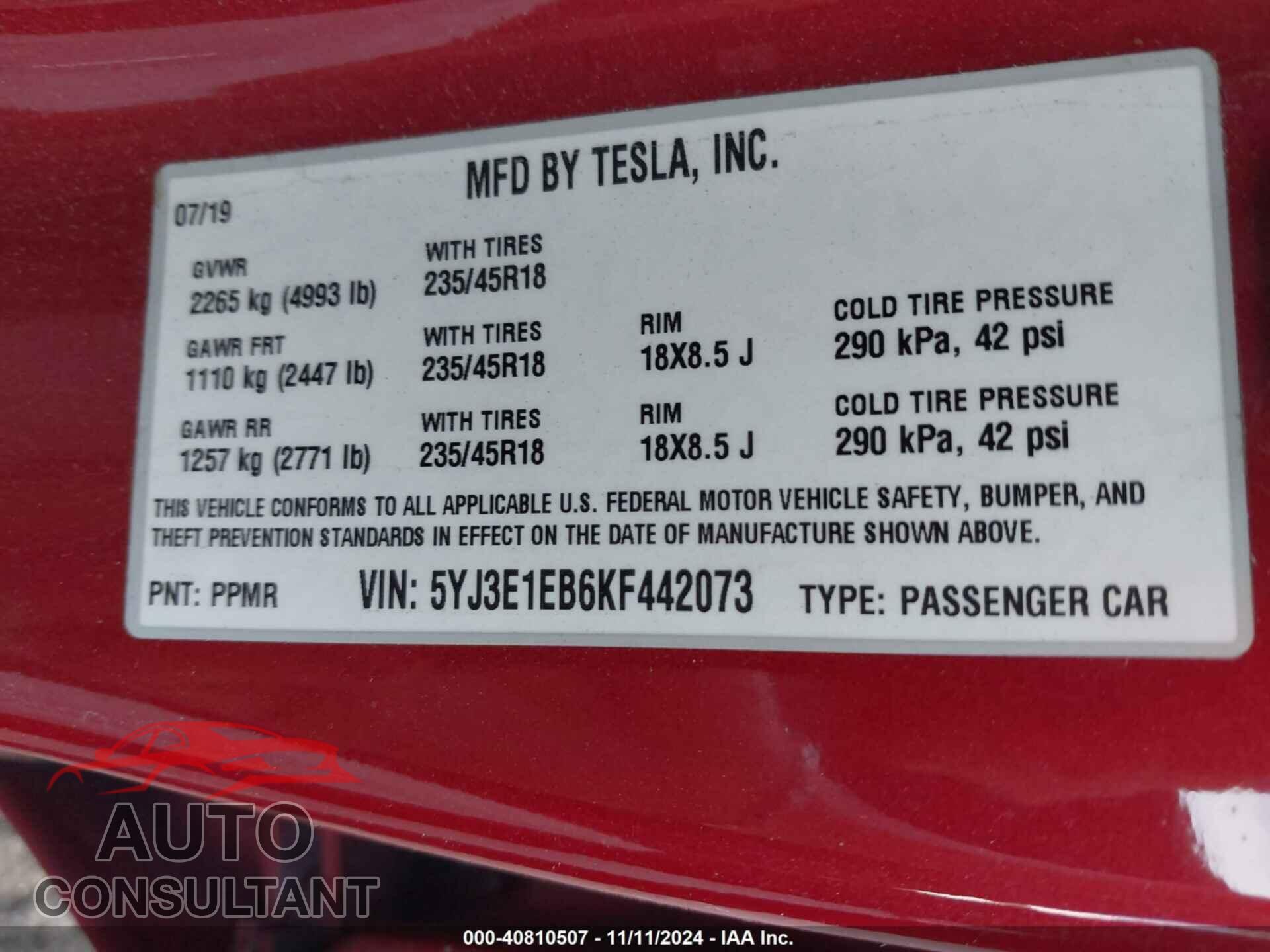 TESLA MODEL 3 2019 - 5YJ3E1EB6KF442073
