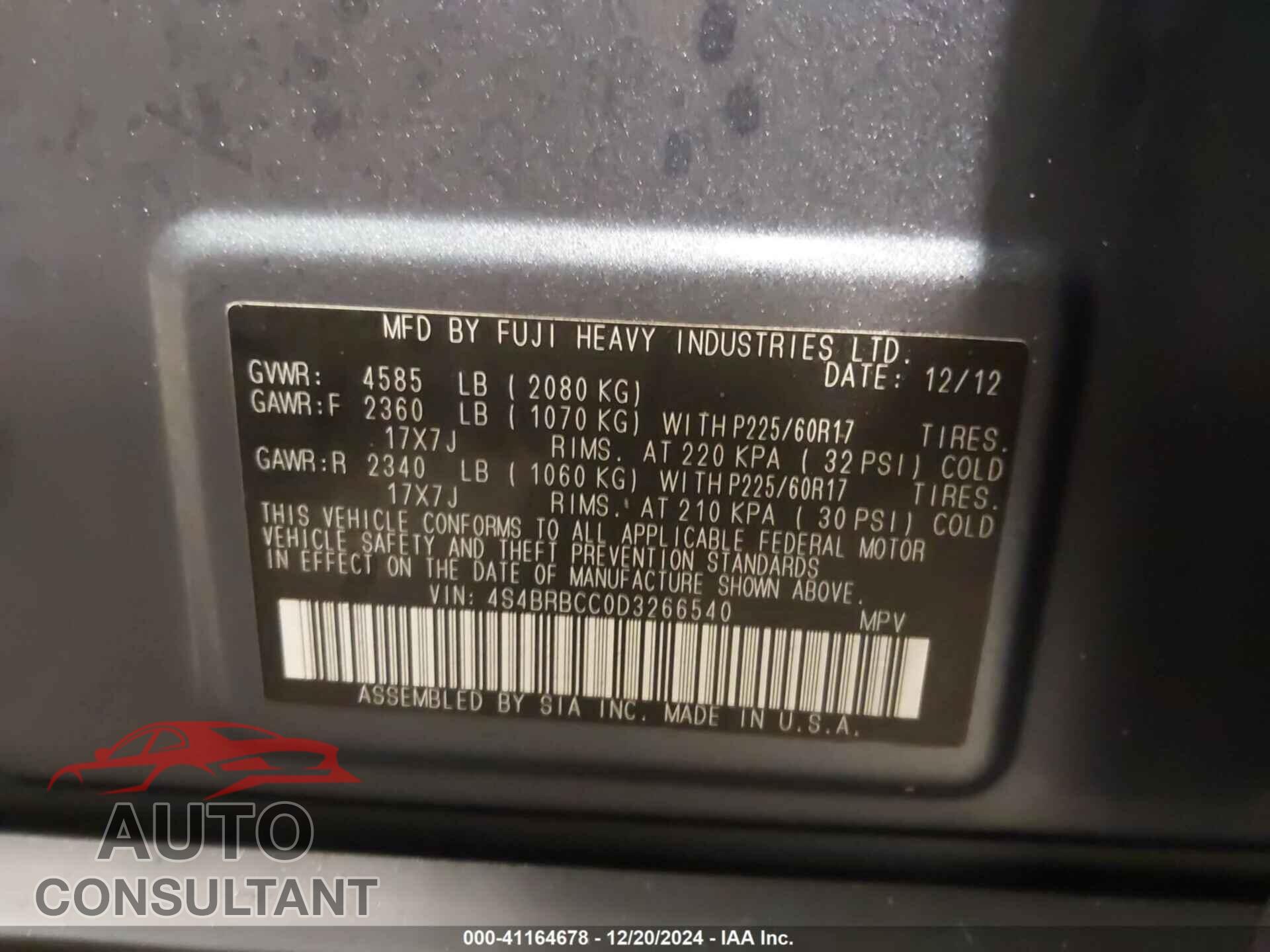 SUBARU OUTBACK 2013 - 4S4BRBCC0D3266540