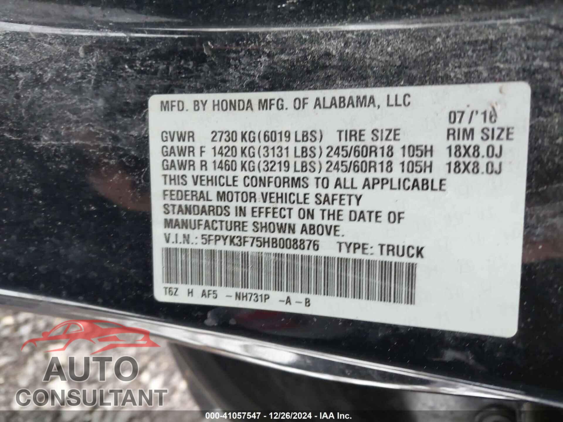 HONDA RIDGELINE 2017 - 5FPYK3F75HB008876