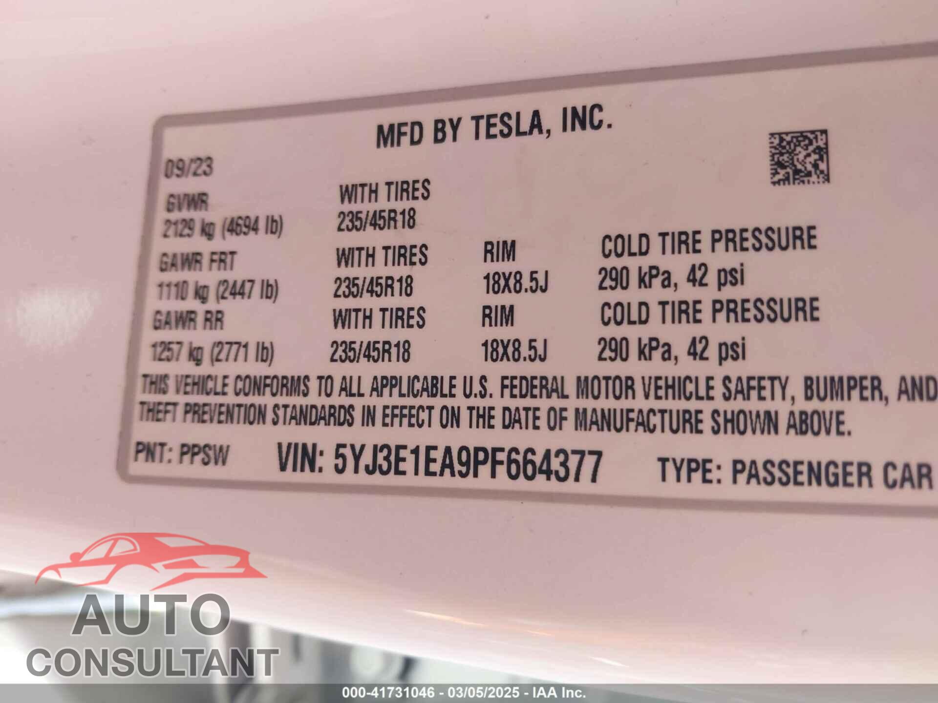 TESLA MODEL 3 2023 - 5YJ3E1EA9PF664377
