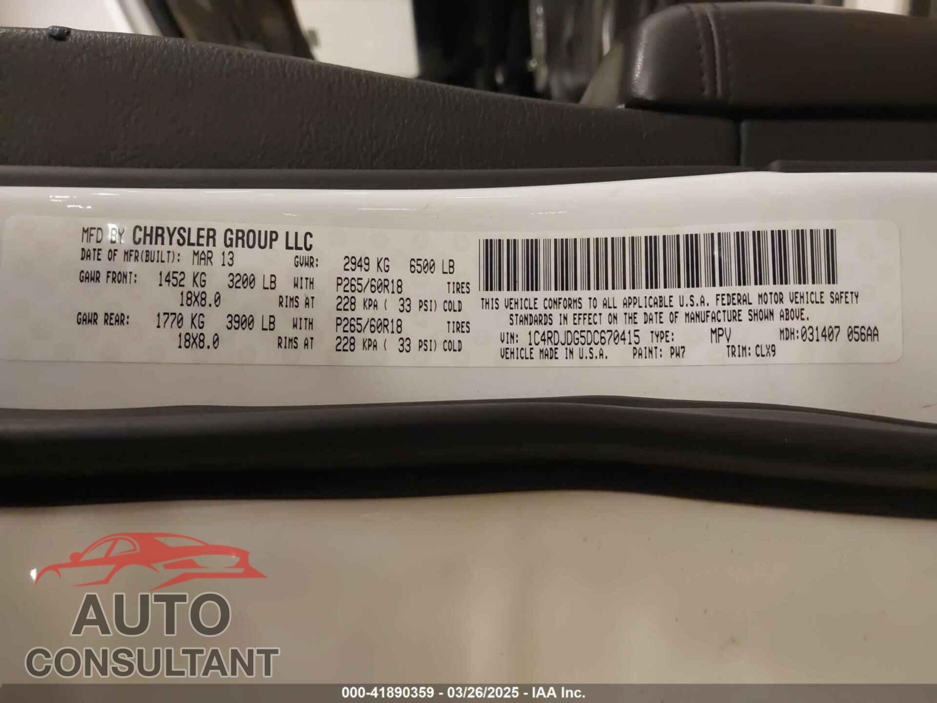 DODGE DURANGO 2013 - 1C4RDJDG5DC670415