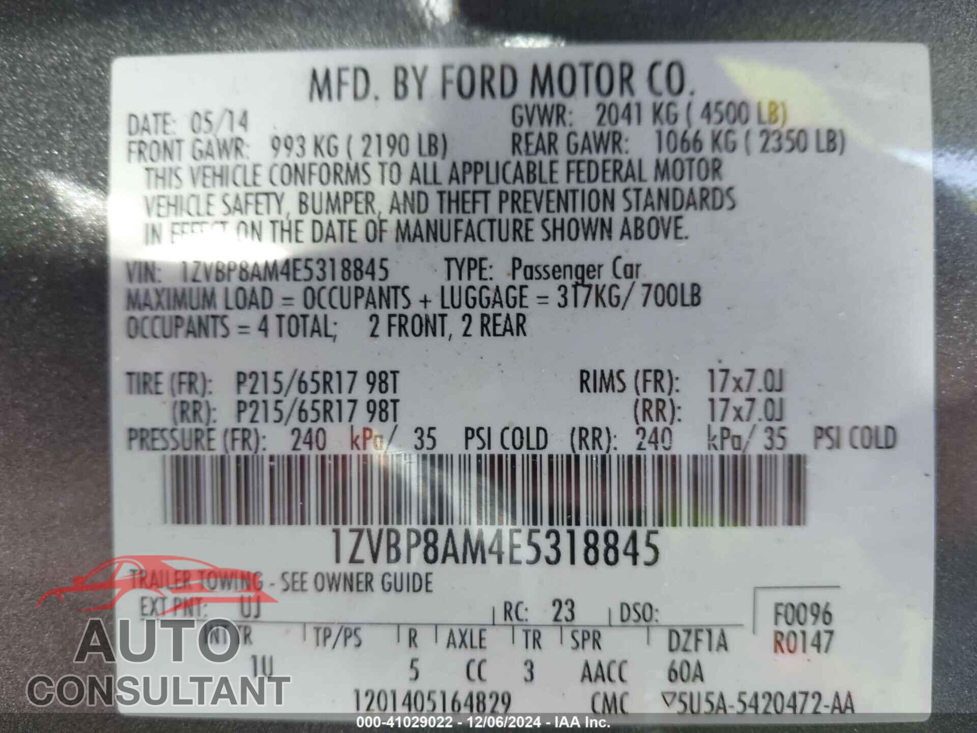 FORD MUSTANG 2014 - 1ZVBP8AM4E5318845