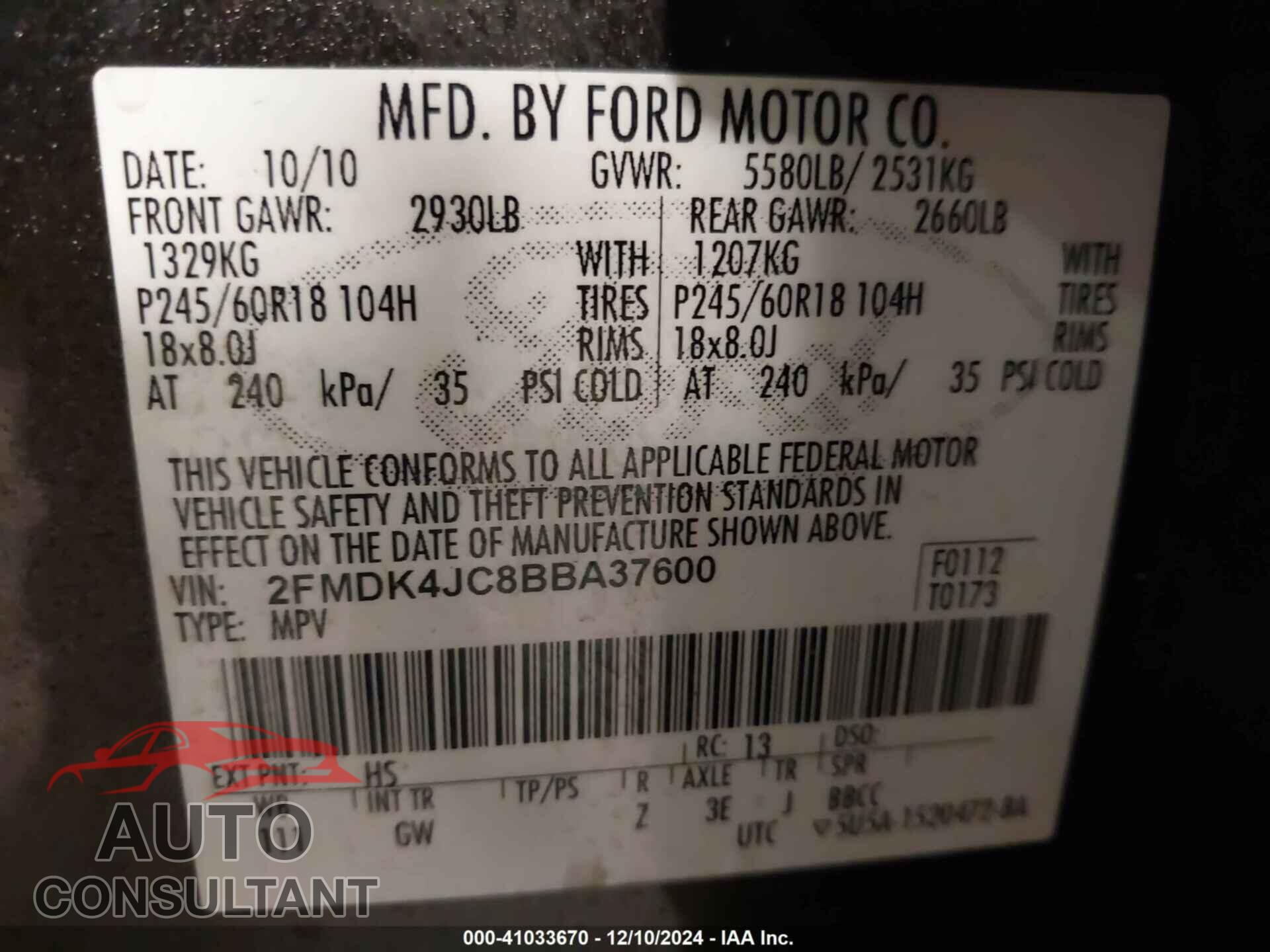 FORD EDGE 2011 - 2FMDK4JC8BBA37600