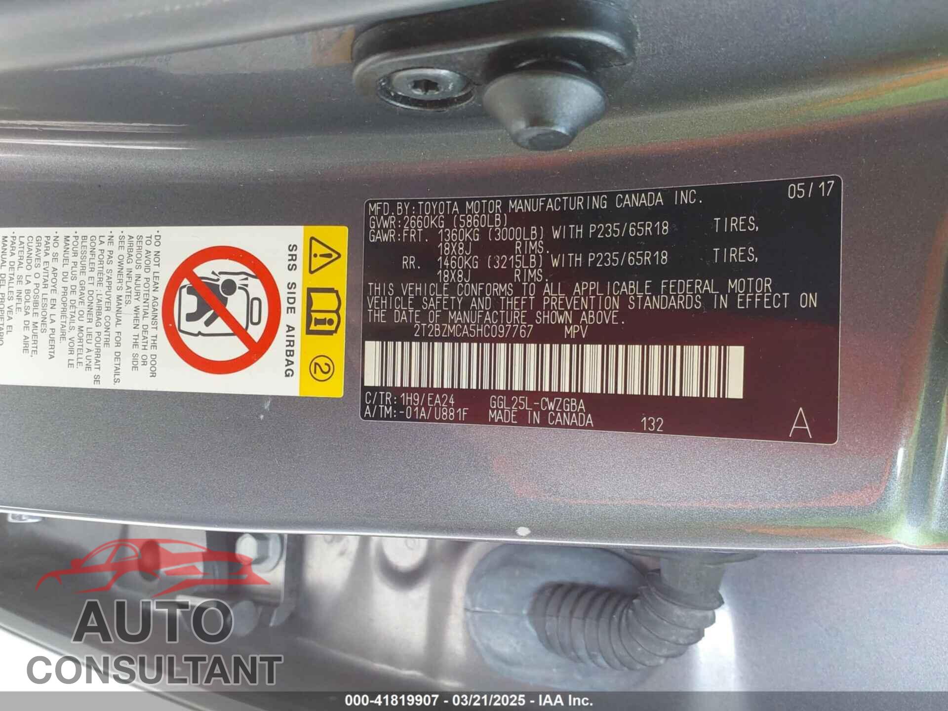 LEXUS RX 350 2017 - 2T2BZMCA5HC097767