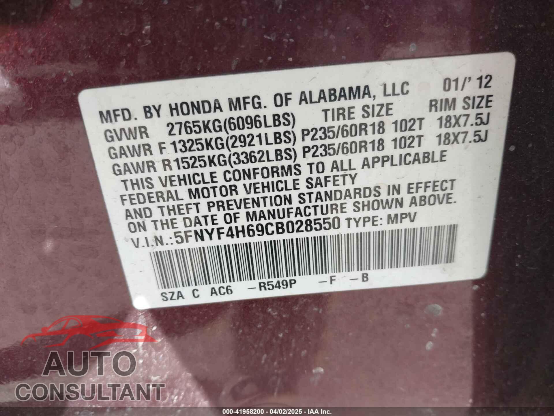 HONDA PILOT 2012 - 5FNYF4H69CB028550