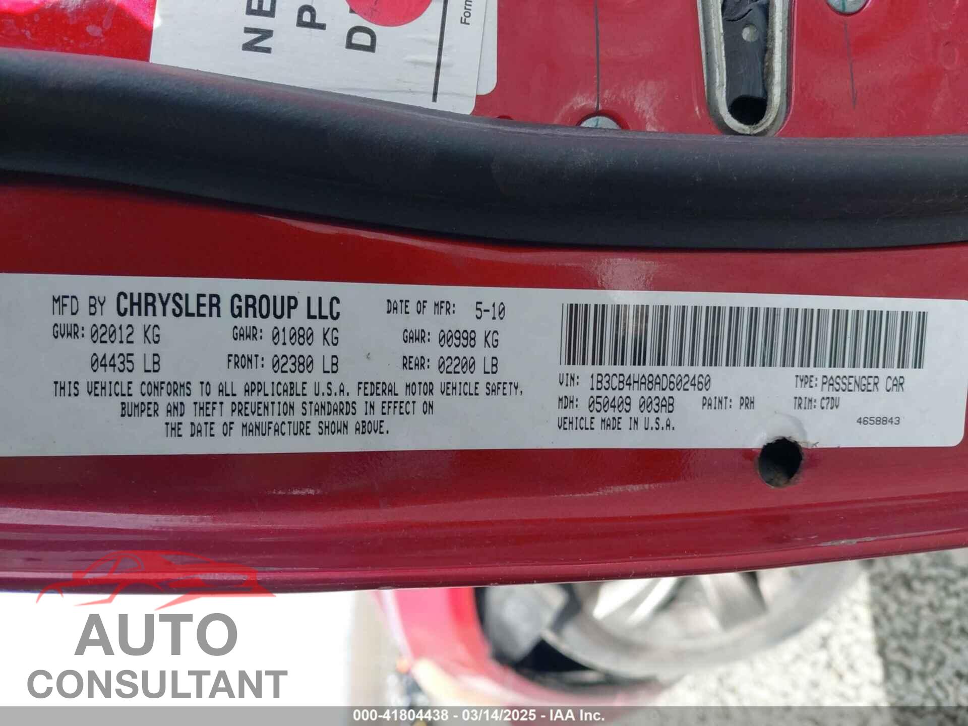 DODGE CALIBER 2010 - 1B3CB4HA8AD602460