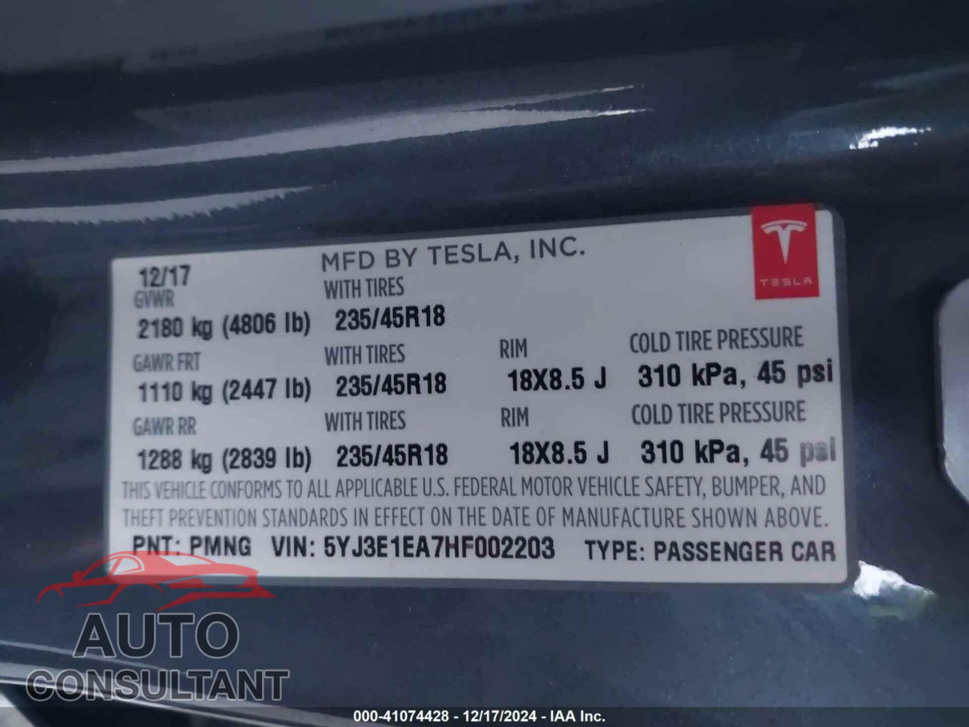 TESLA MODEL 3 2017 - 5YJ3E1EA7HF002203