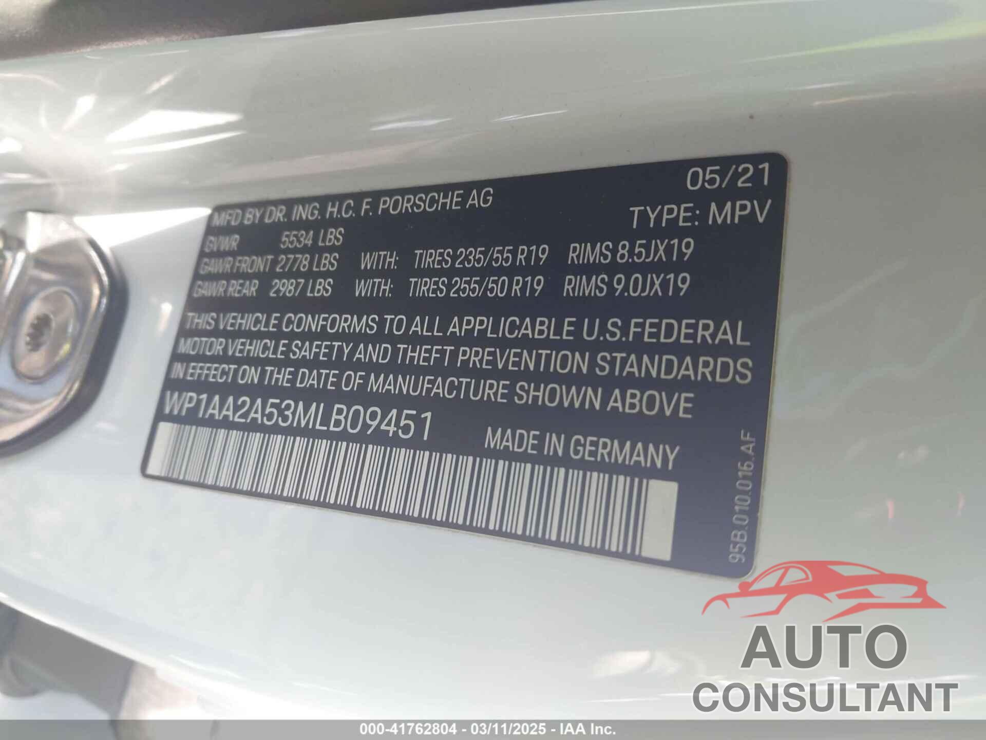 PORSCHE MACAN 2021 - WP1AA2A53MLB09451
