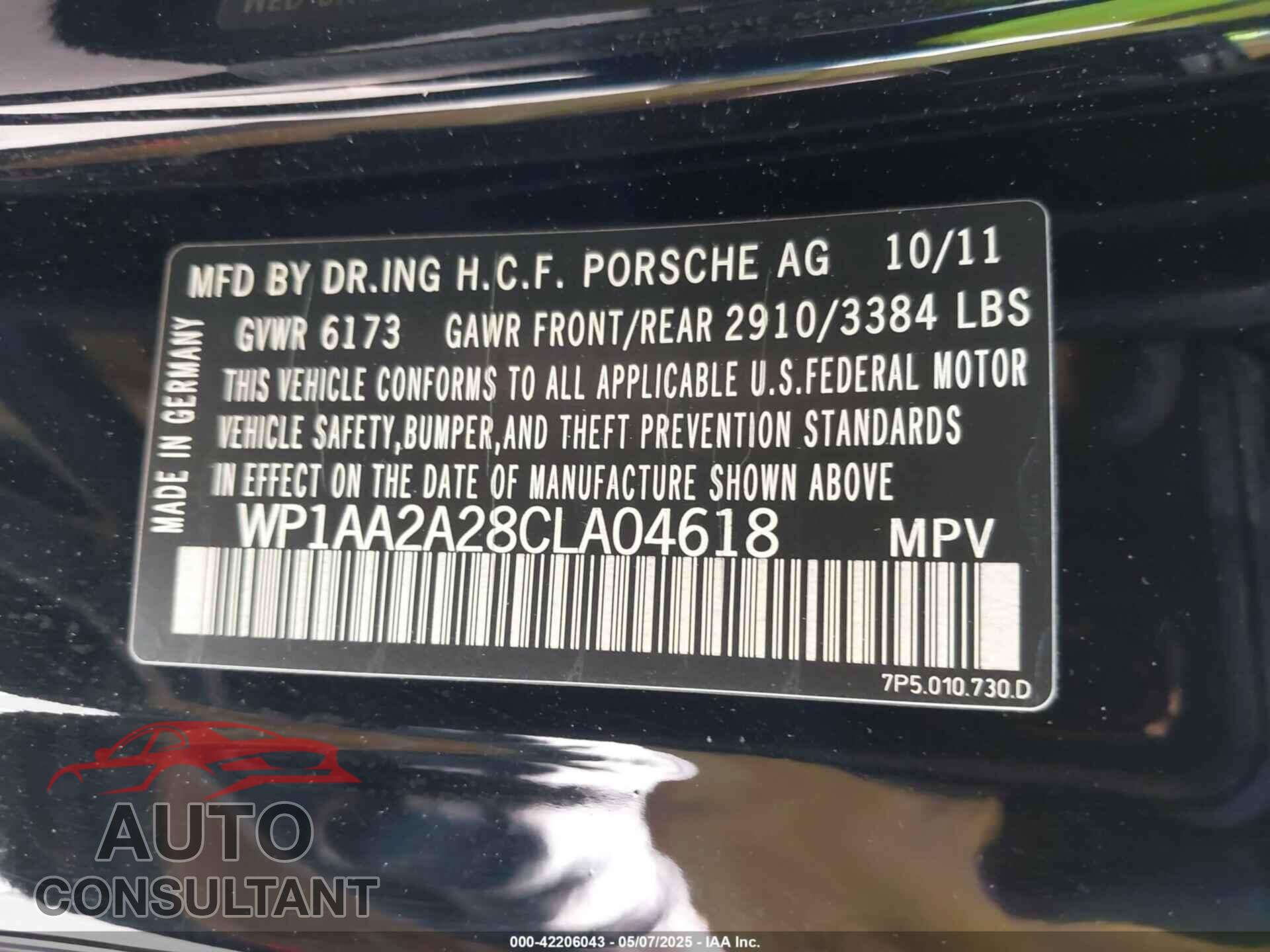 PORSCHE CAYENNE 2012 - WP1AA2A28CLA04618
