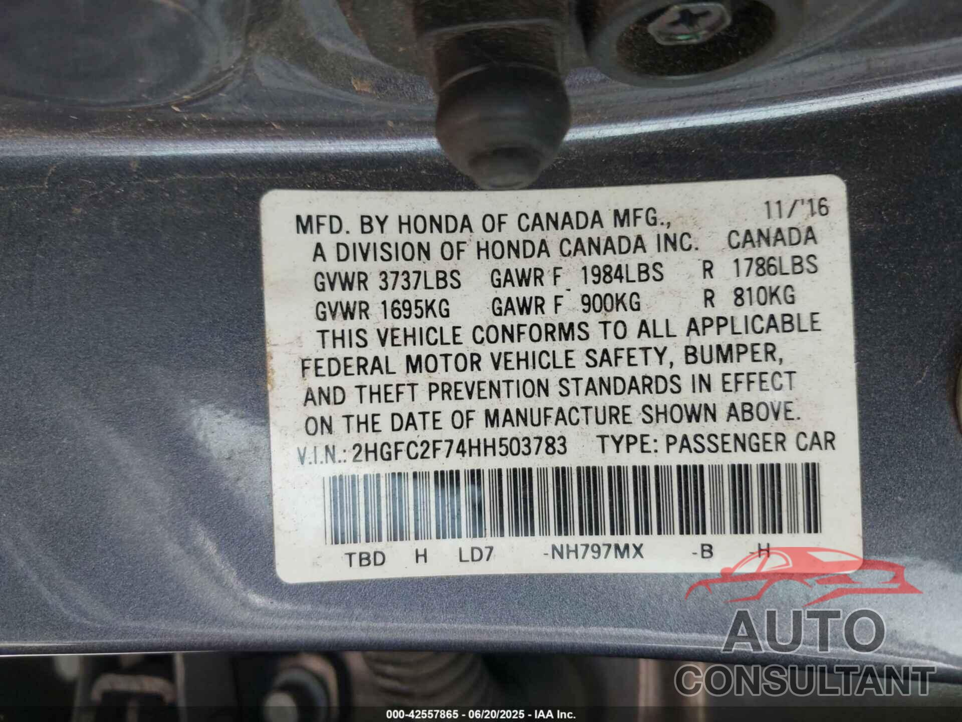 HONDA CIVIC 2017 - 2HGFC2F74HH503783