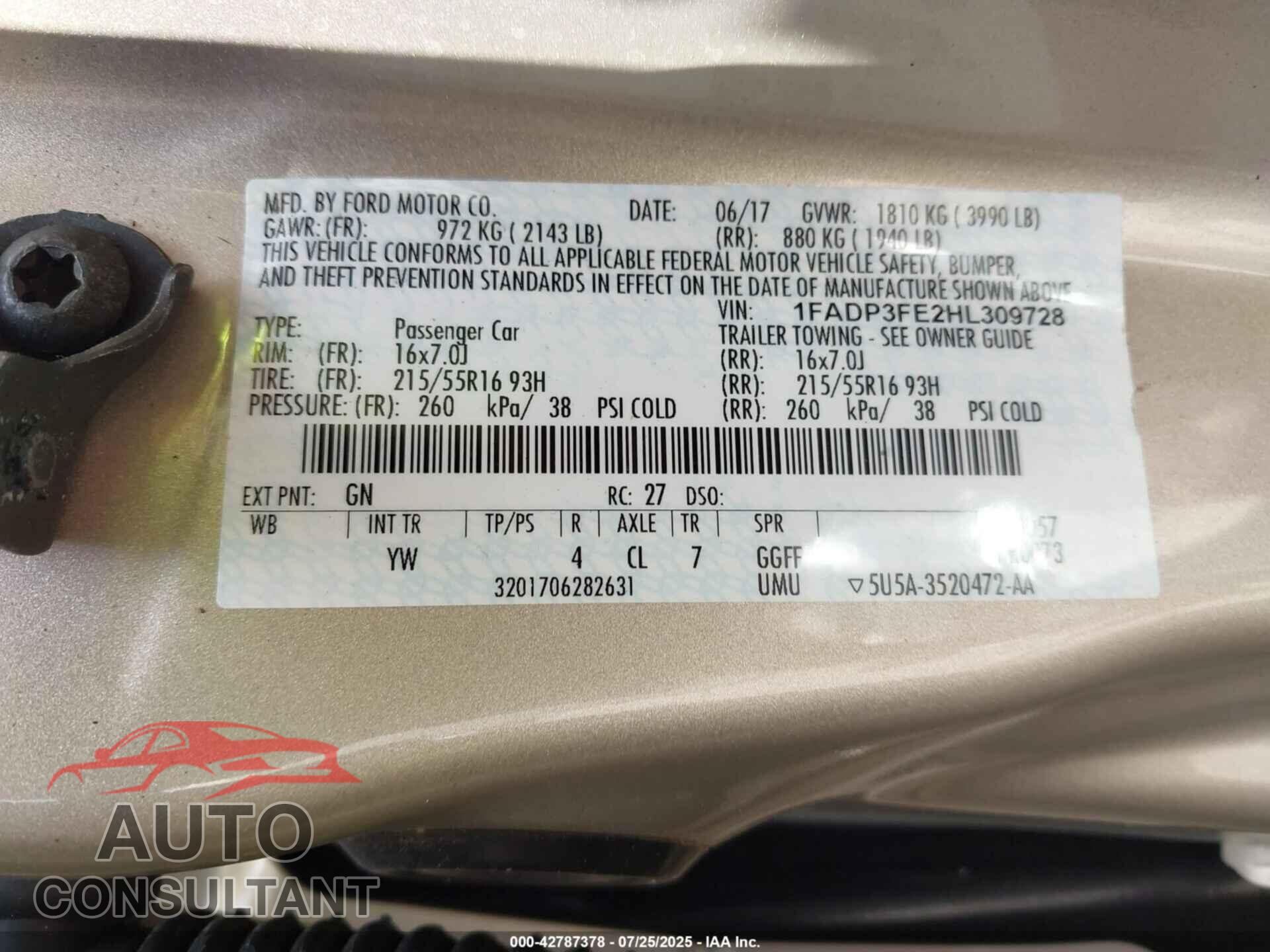 FORD FOCUS 2017 - 1FADP3FE2HL309728