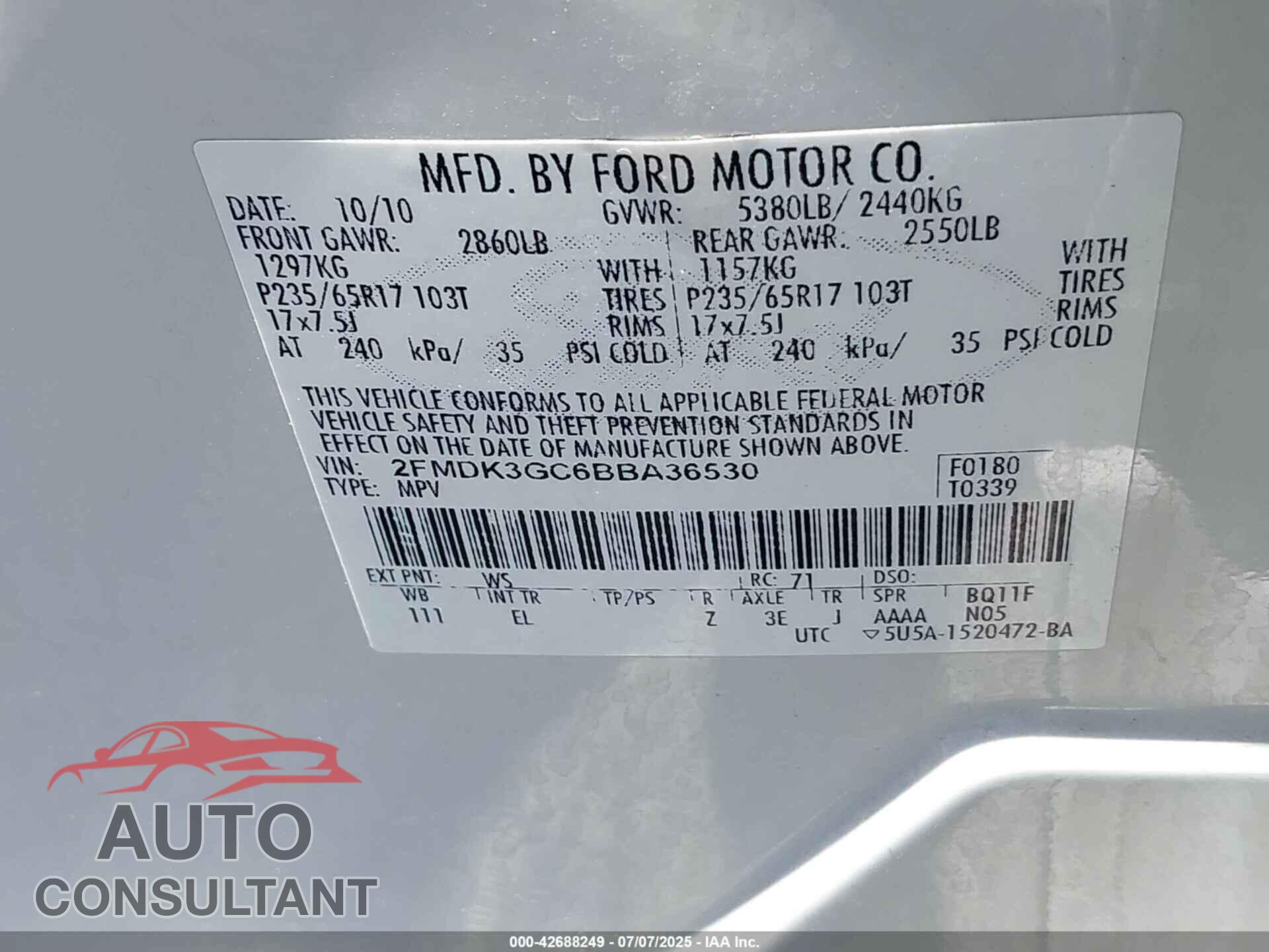FORD EDGE 2011 - 2FMDK3GC6BBA36530
