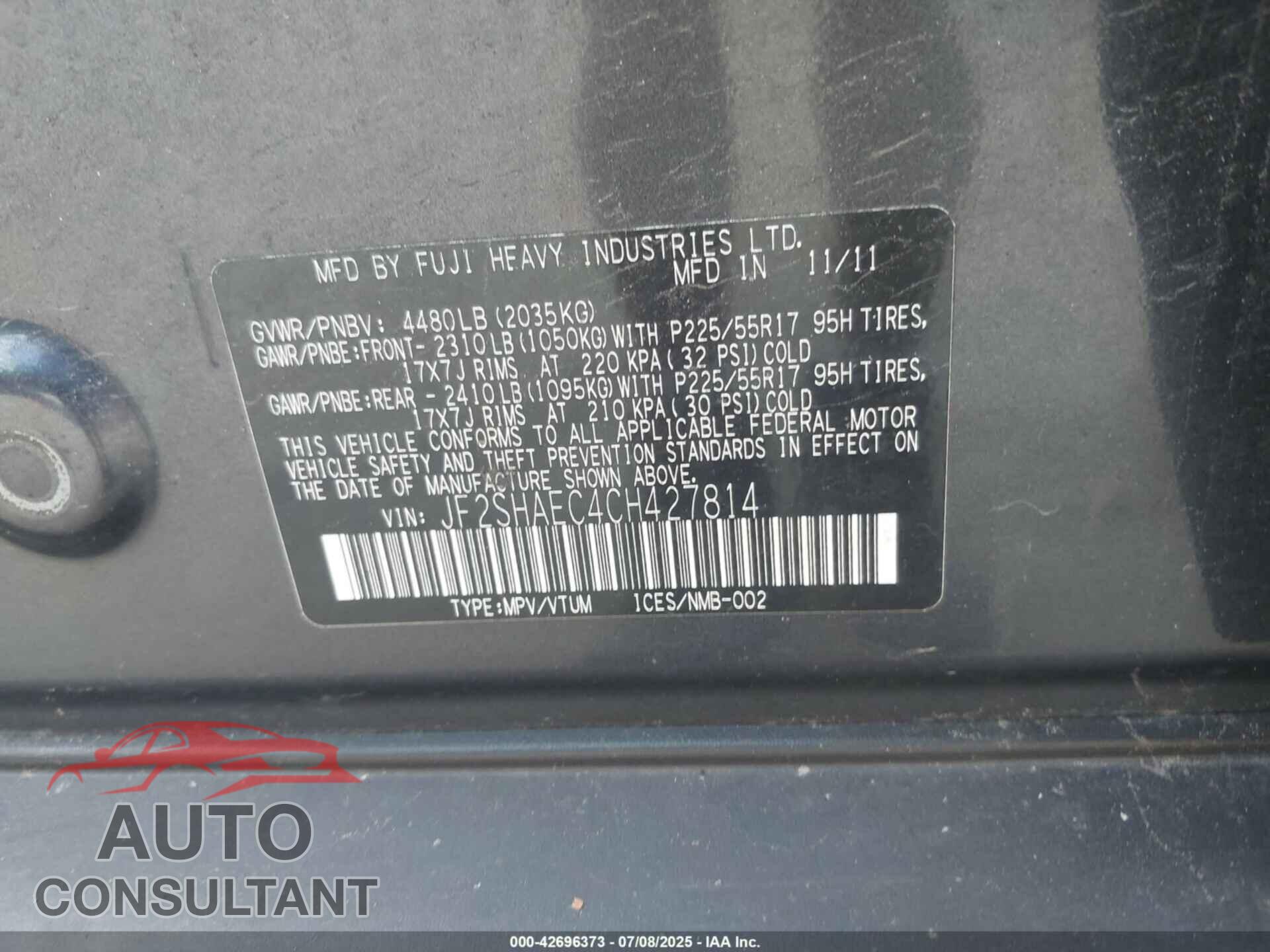 SUBARU FORESTER 2012 - JF2SHAEC4CH427814