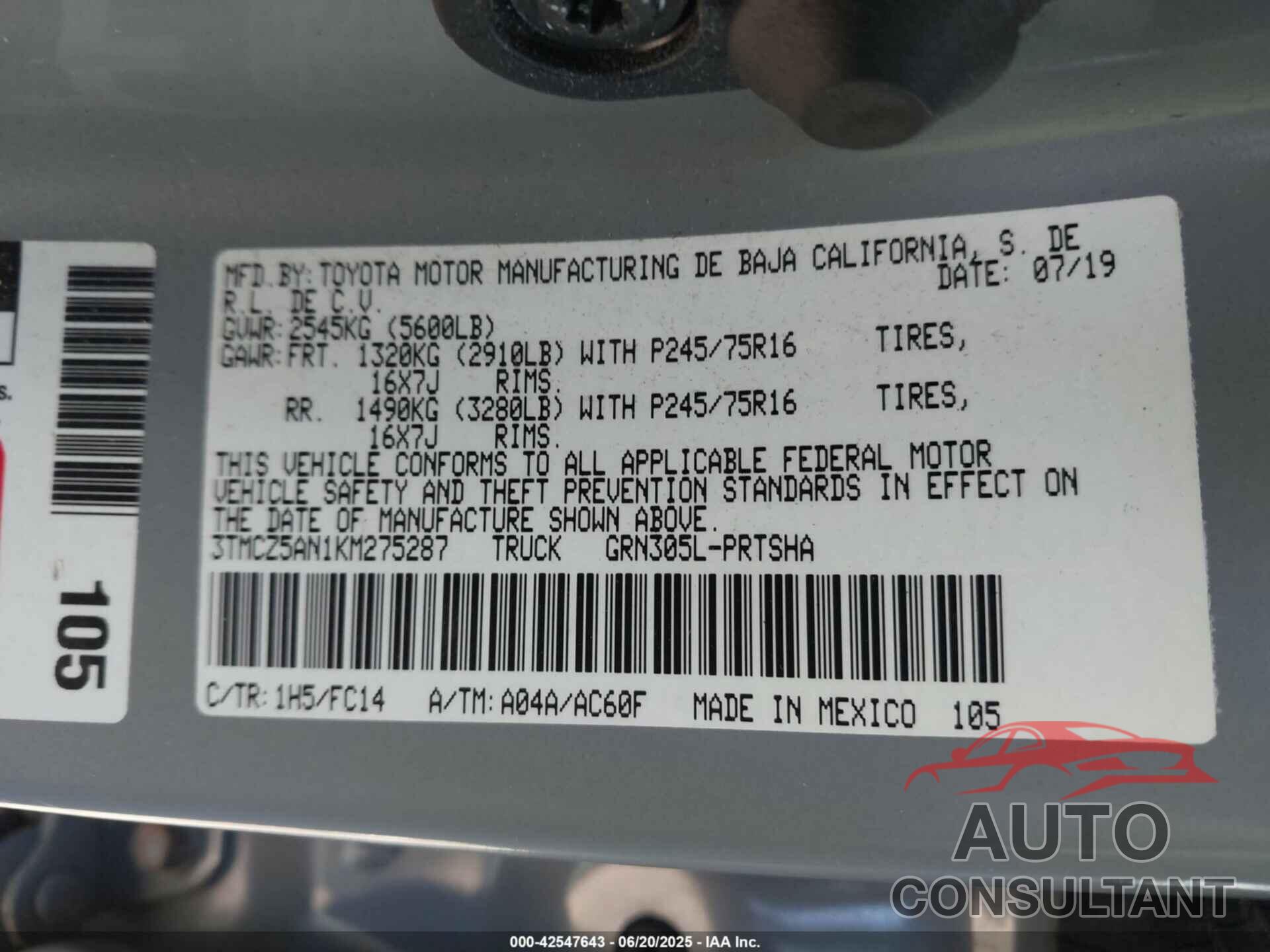 TOYOTA TACOMA 2019 - 3TMCZ5AN1KM275287