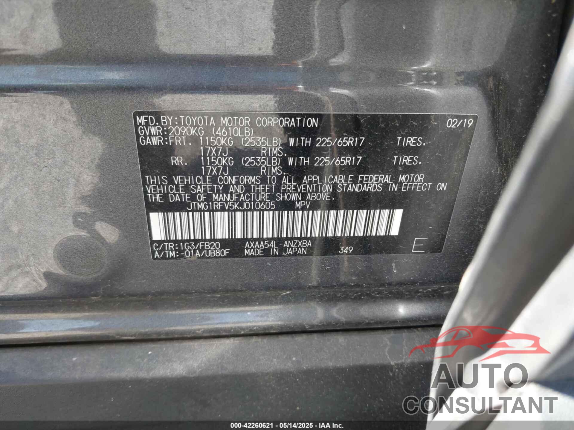 TOYOTA RAV4 2019 - JTMG1RFV5KJ010605