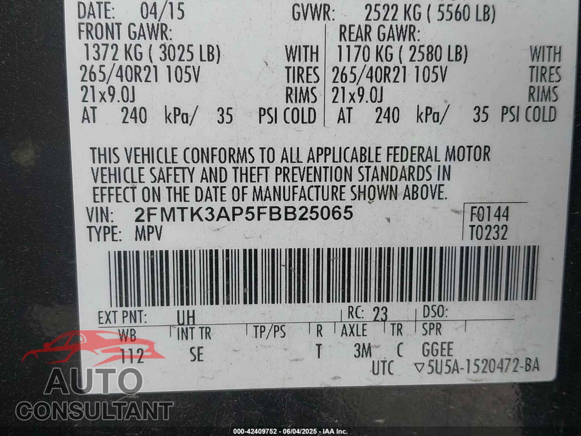 FORD EDGE 2015 - 2FMTK3AP5FBB25065