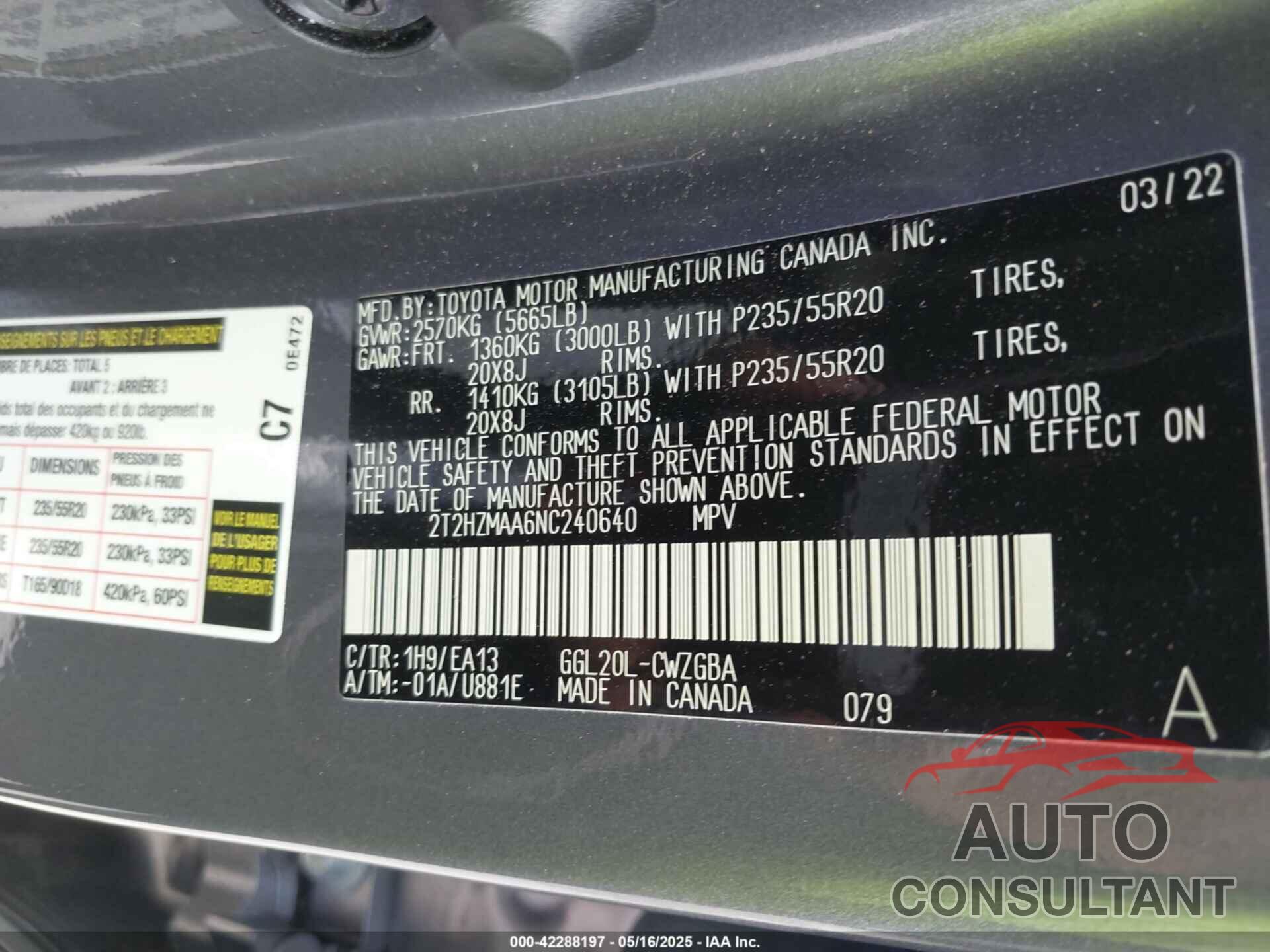 LEXUS RX 350 2022 - 2T2HZMAA6NC240640