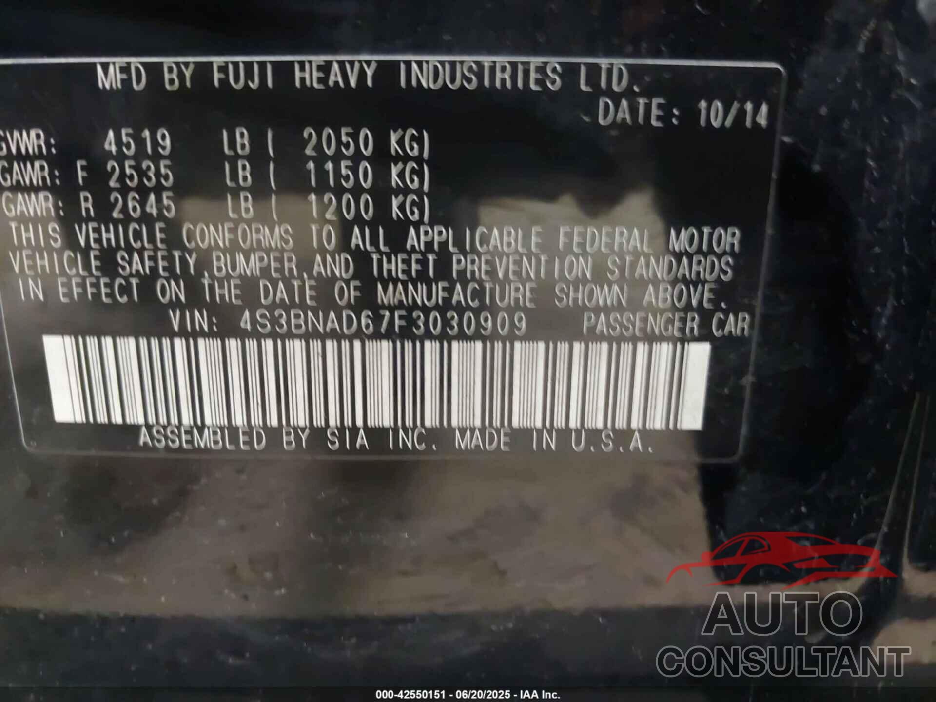 SUBARU LEGACY 2015 - 4S3BNAD67F3030909