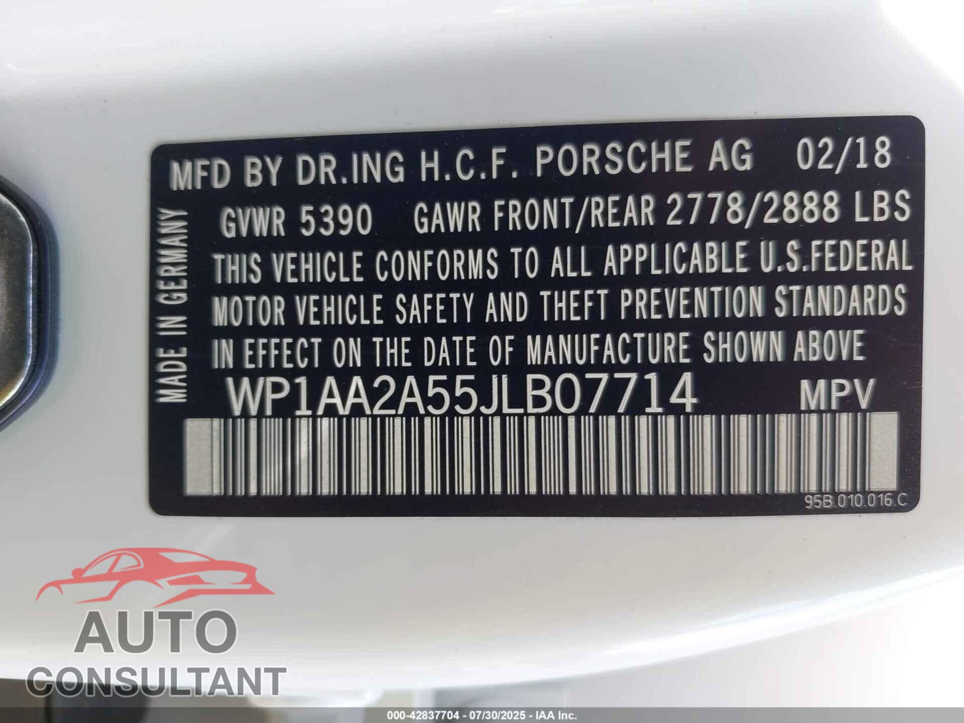 PORSCHE MACAN 2018 - WP1AA2A55JLB07714