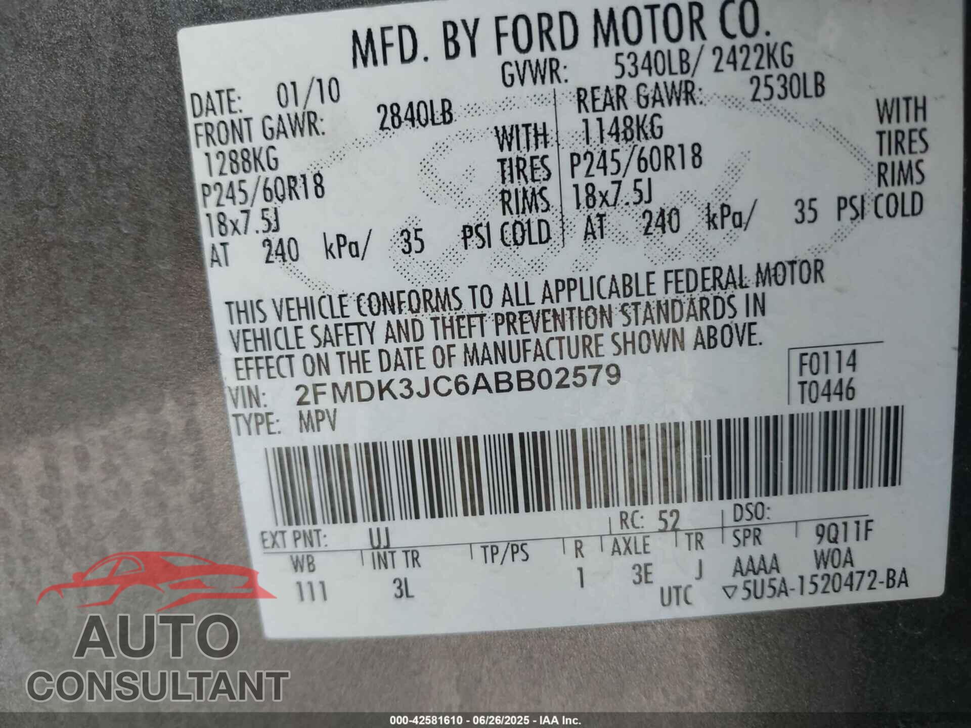 FORD EDGE 2010 - 2FMDK3JC6ABB02579