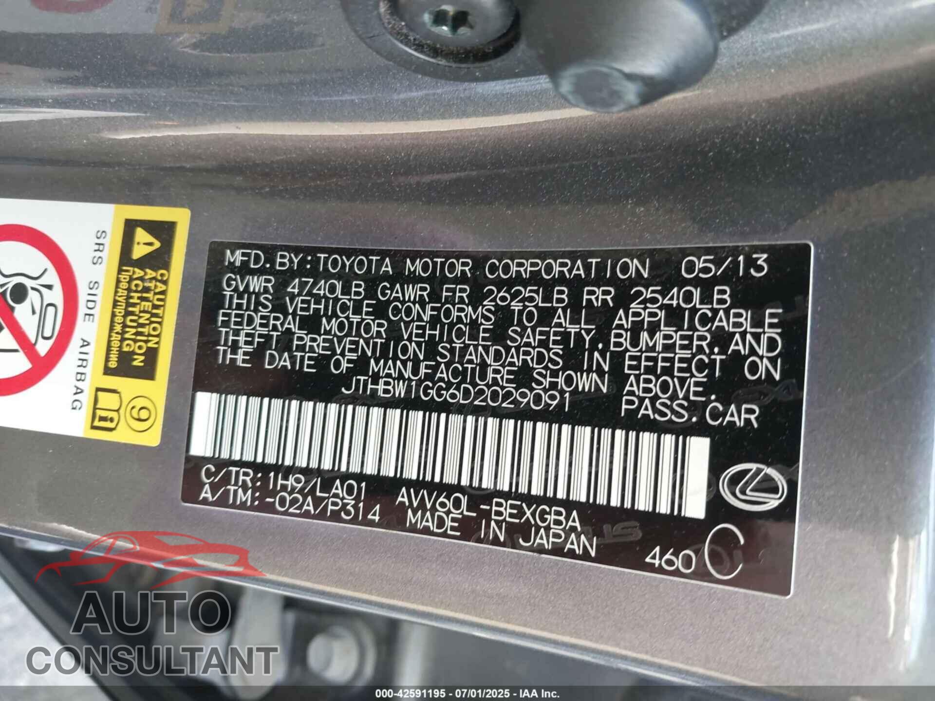 LEXUS ES 2013 - JTHBW1GG6D2029091