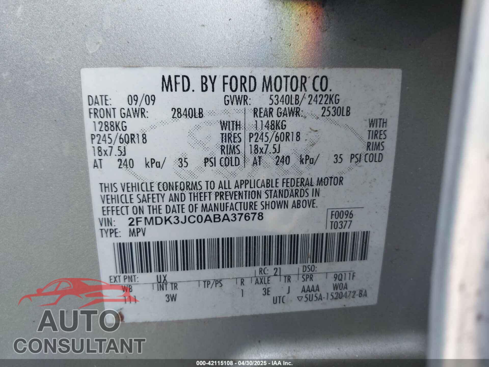FORD EDGE 2010 - 2FMDK3JC0ABA37678