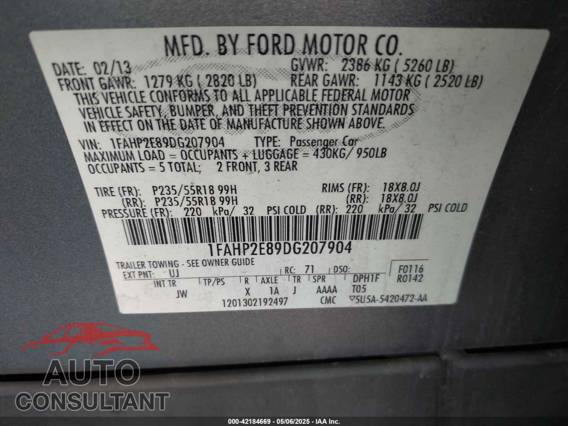 FORD TAURUS 2013 - 1FAHP2E89DG207904
