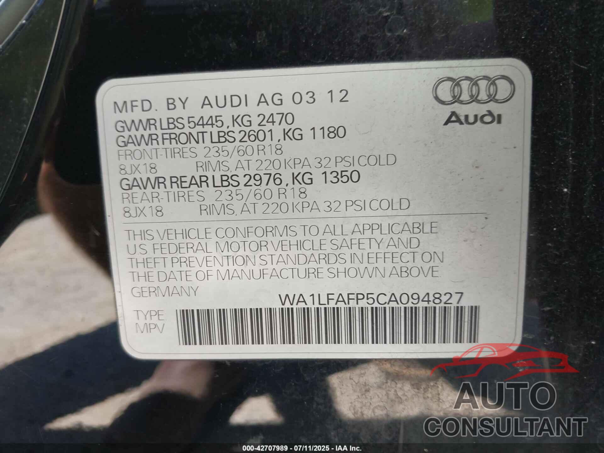 AUDI Q5 2012 - WA1LFAFP5CA094827