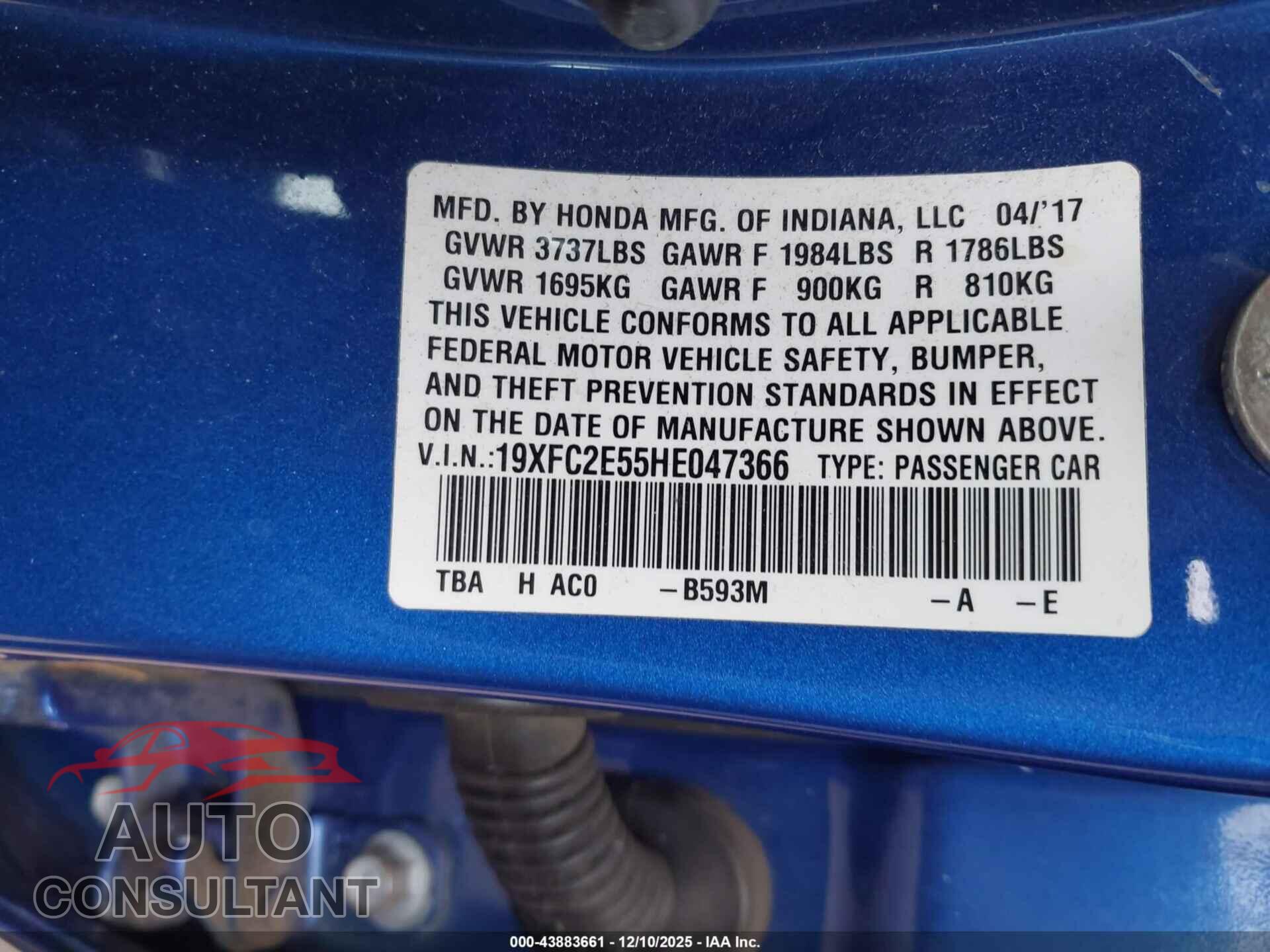 HONDA CIVIC 2017 - 19XFC2E55HE047366