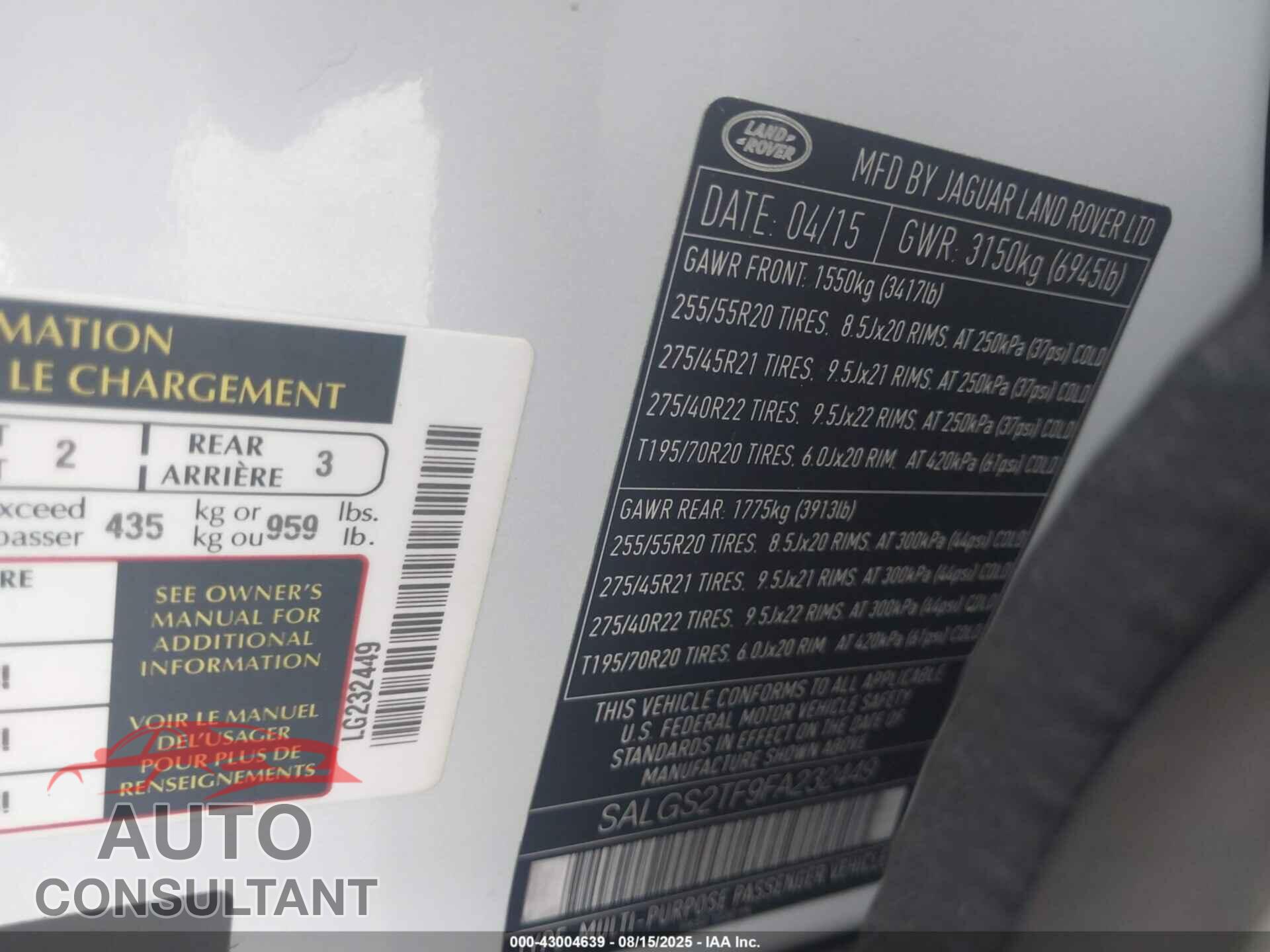 LAND ROVER RANGE ROVER 2015 - SALGS2TF9FA232449