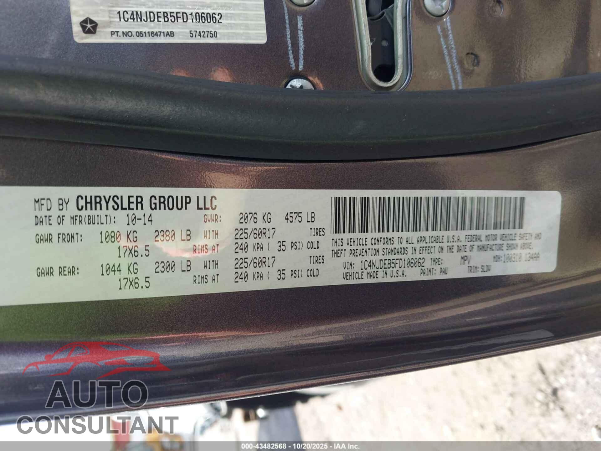 JEEP COMPASS 2015 - 1C4NJDEB5FD106062