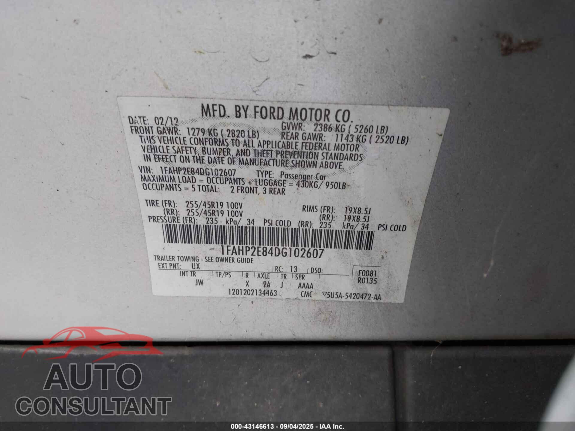 FORD TAURUS 2013 - 1FAHP2E84DG102607