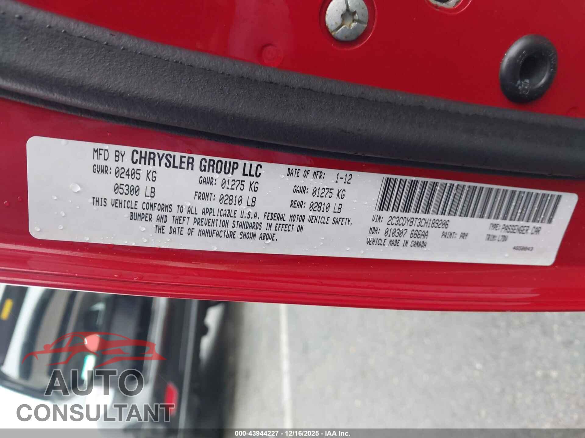 DODGE CHALLENGER 2012 - 2C3CDYBT3CH189206